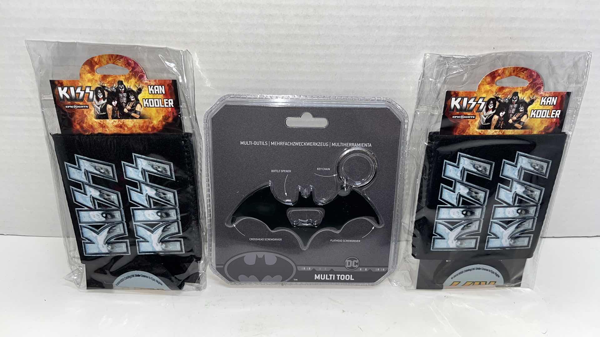 Photo 1 of NIP KISS KAN KOOLERS (2) & DC BATMAN MULTI TOOL KEYCHAIN (1)