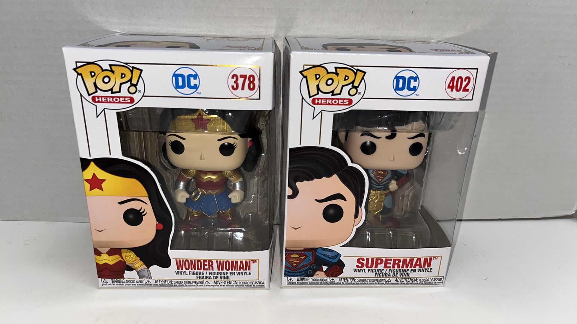 Photo 1 of NIB FUNKO POP HEROES DC VINYL FIGURES, WONDER WOMAN #378 & SUPERMAN #402 (2)