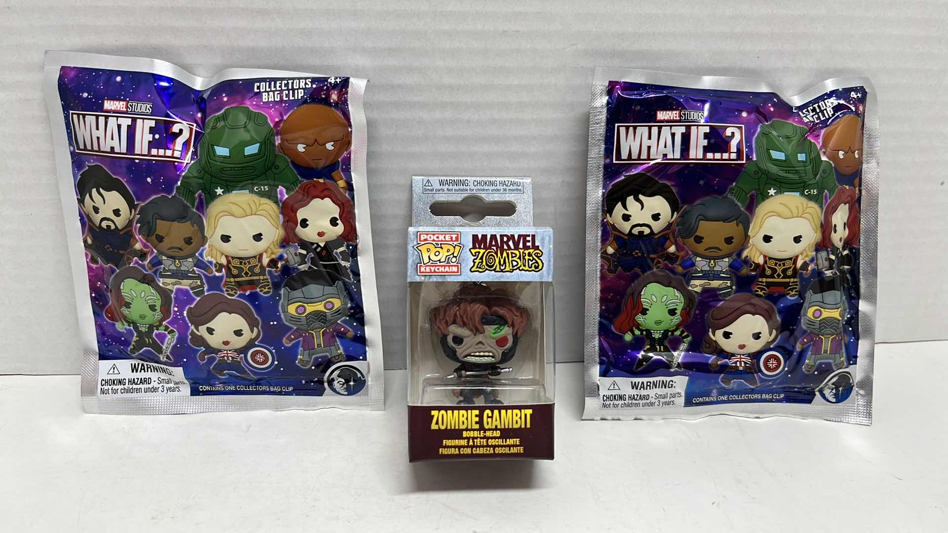 Photo 1 of NIP MARVEL STUDIOS WHAT IF? MYSTERY COLLECTORS BAG CLIPS & MARVEL ZOMBIES GAMBIT BOBBLEHEAD FUNKO POCKET POP KEY CHAIN (3)