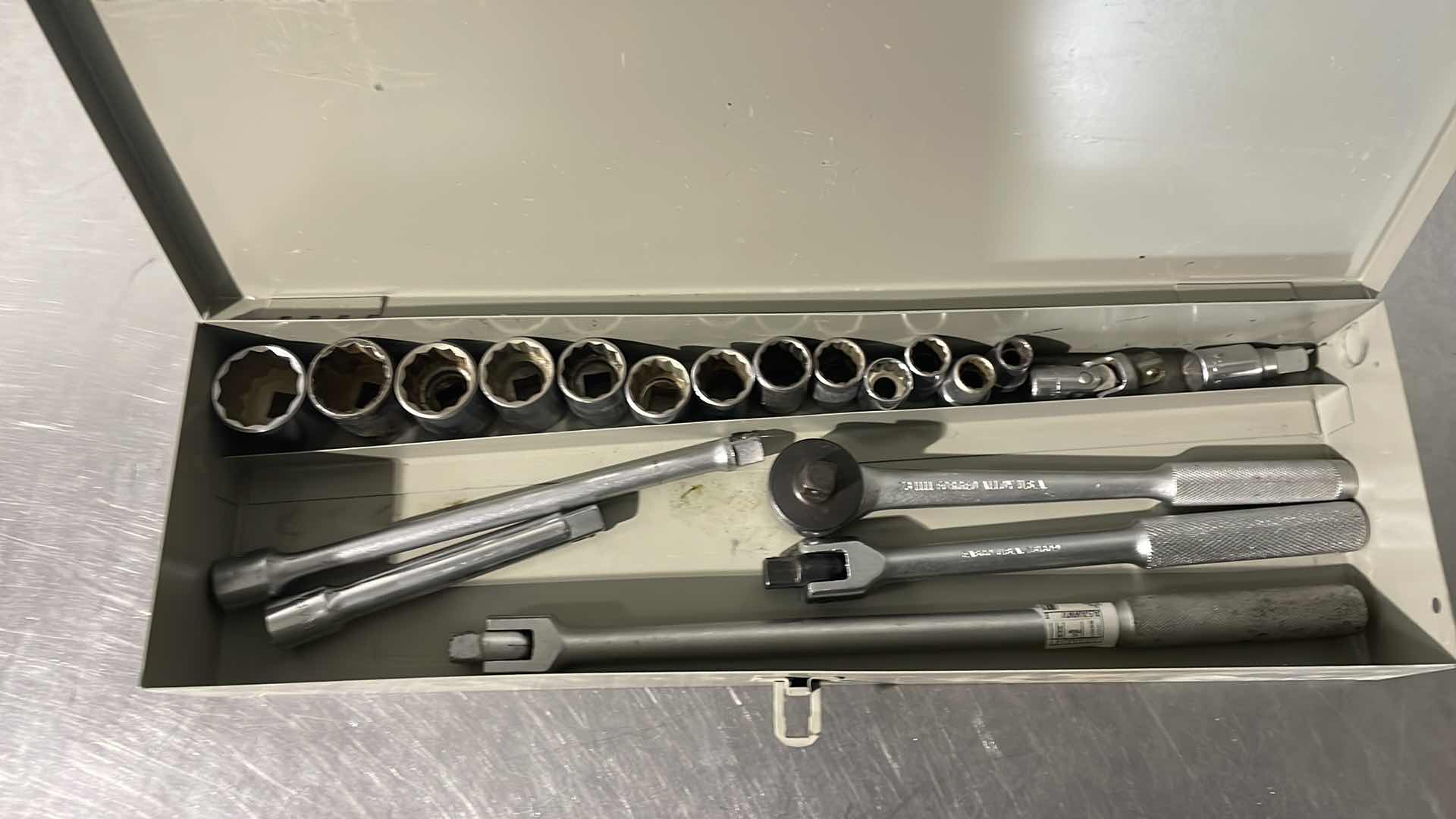 Photo 1 of 1/2” BREAKER BARS RATCHET EXTENSIONS AND SOCKETS USA IN METAL CASE