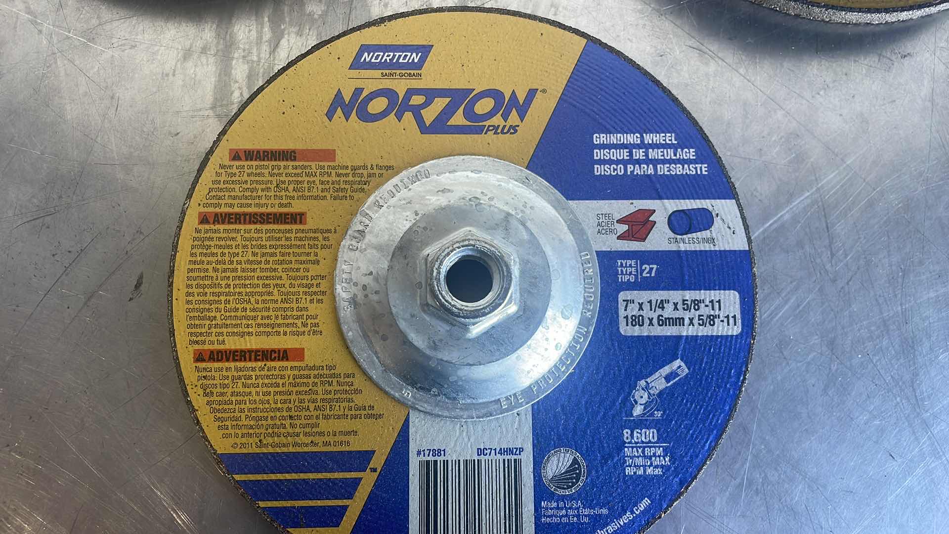 Photo 3 of NORTON 7" X 1/4" X 5/8-11 TYPE 27 NORZON PLUS DEPRESSED CENTER GRINDING WHEEL (9)