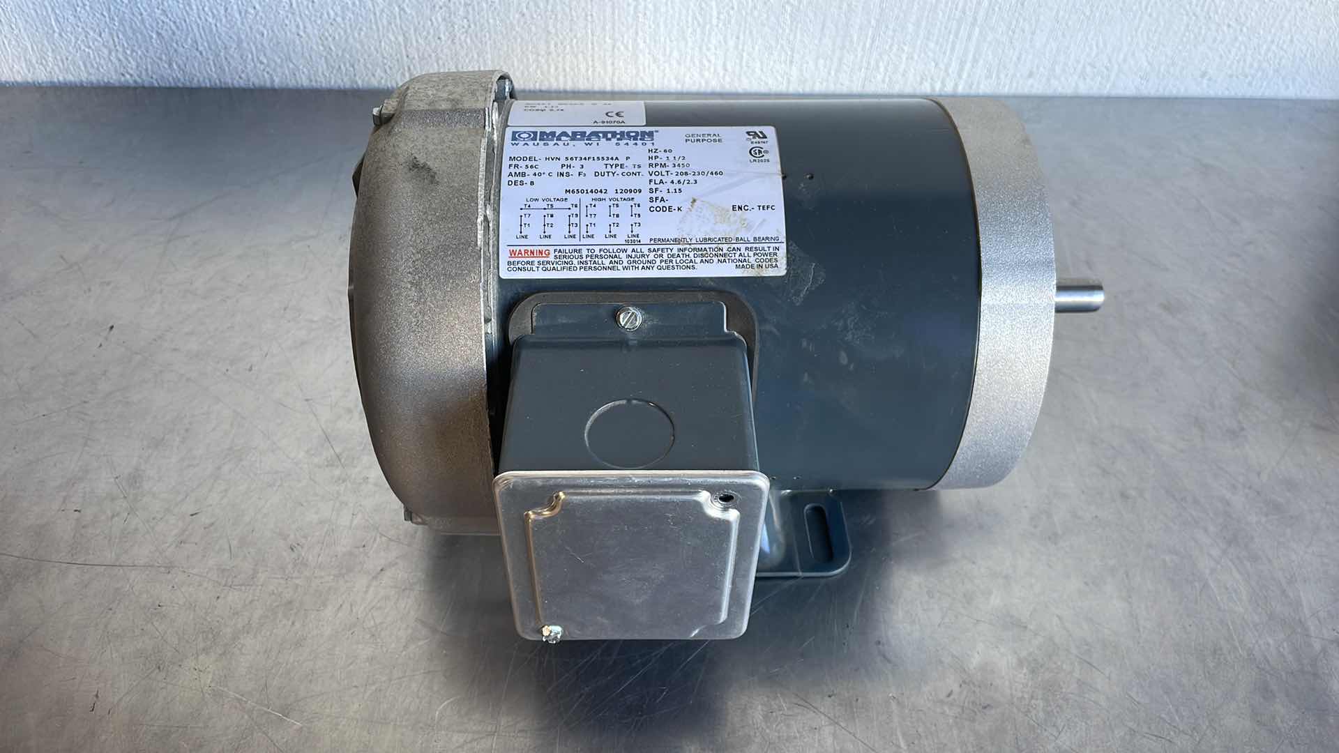 Photo 1 of MARATHON ELECTRIC GENERAL PURPOSE MOTOR
1-1/2 HP RPM 3450 208-230/460 VOLT
MODEL HVN 56T34F15534A P