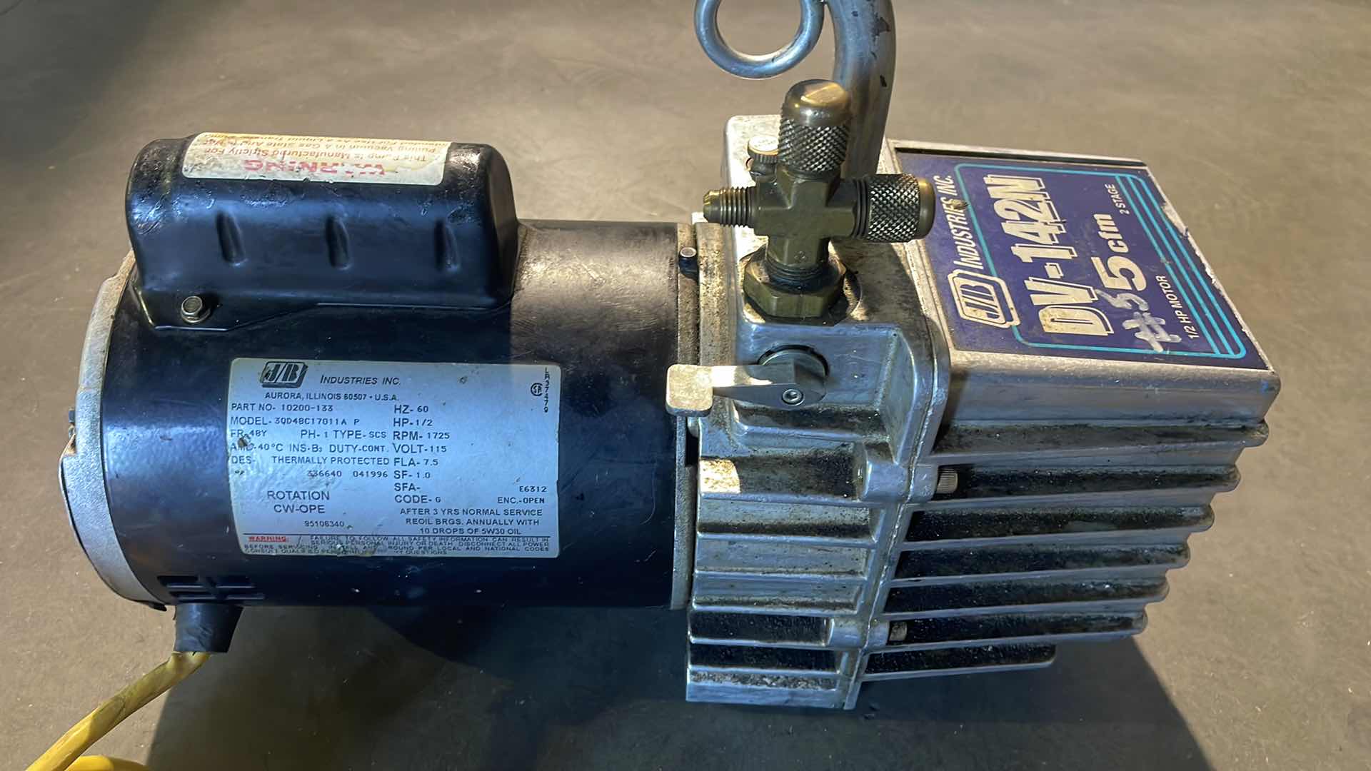 Photo 2 of JB INDUSTRIES VACUUM PUMP DV-142N 5-CFM 1/2 HP MOTOR 2 STAGE AIR CONDITIONING