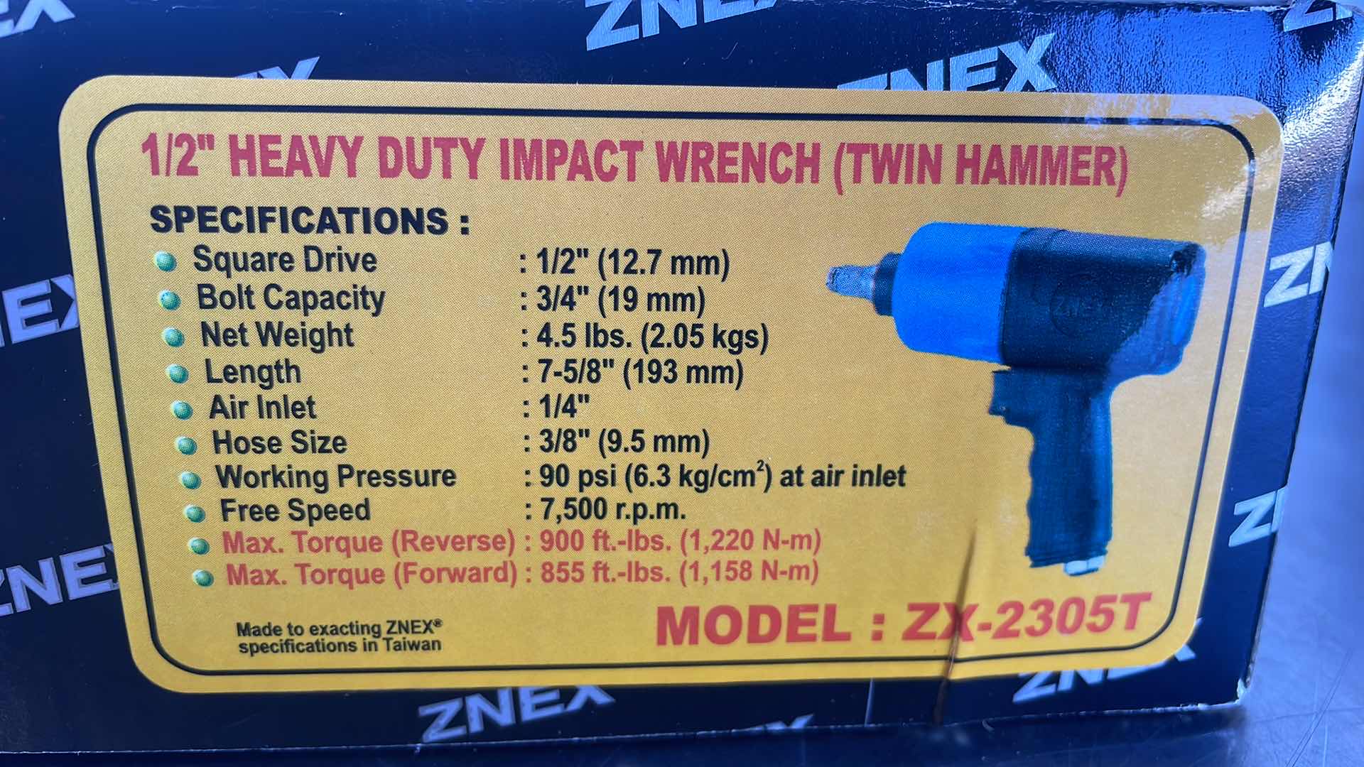 Photo 1 of ZNEX ZX-2305T 1/2" HEAVY DUTY IMPACT IMPACT WRENCH TWIN HAMMER HIGH TORQUE 900 FT/LBS