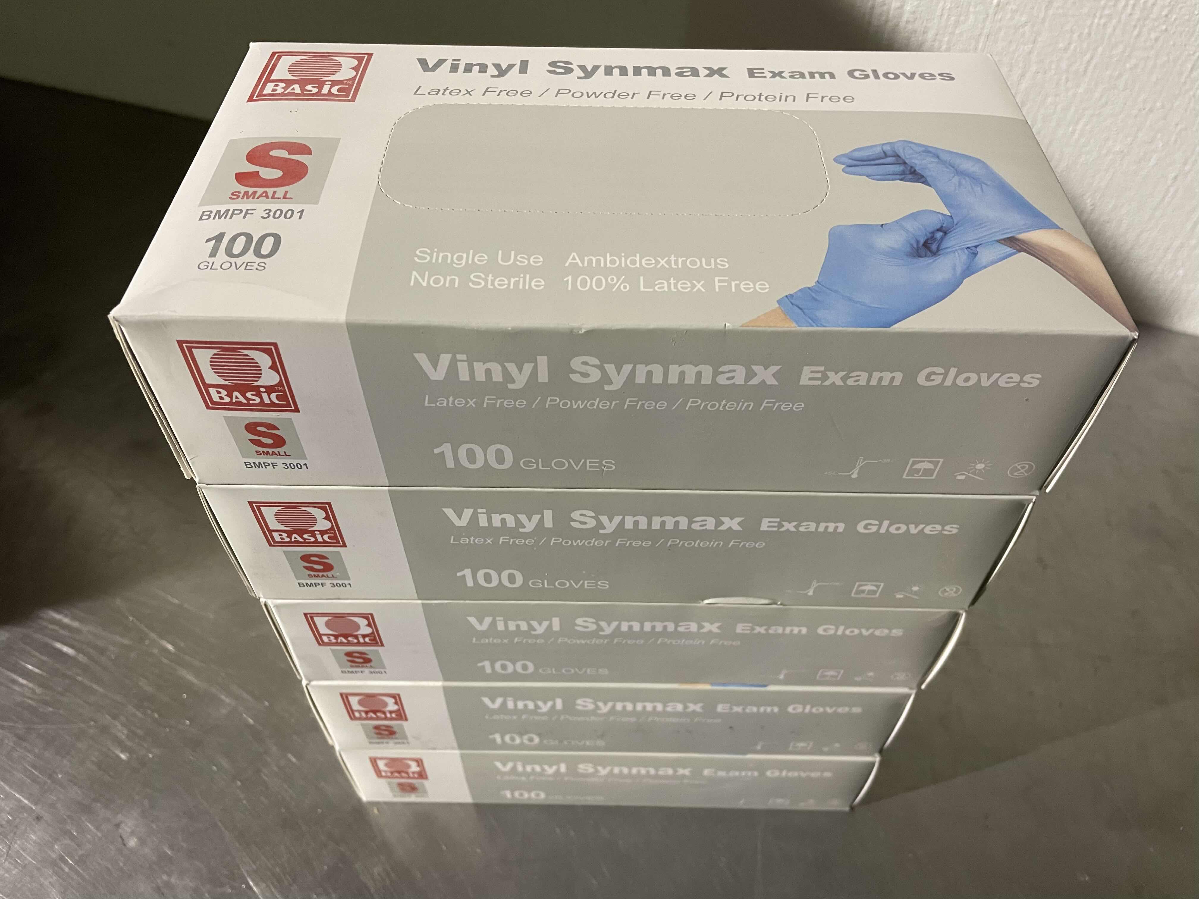 Photo 1 of BASIC SYNMAX SYNTHETIC VINYL EXAM GLOVE,POWDER FREE,SMALL,100/BOX,BLUE,BMPF-3003 (5 BOXES) EXP 1/26