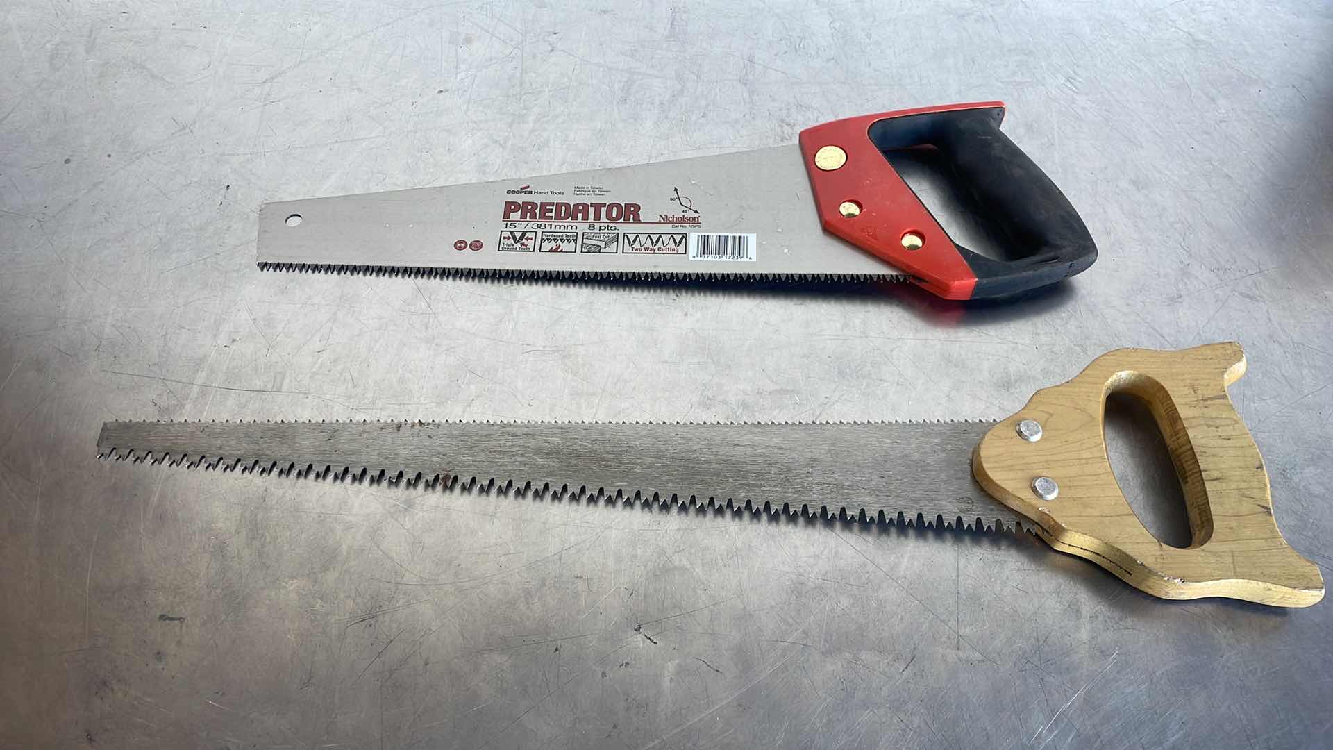 Photo 1 of NICHOLSON NSP1 15" X 8 POINT STANDARD HARD POINT TOOTH PREDATOR HANDSAW & VINTAGE DOUBLE-SIDED HAND SAW