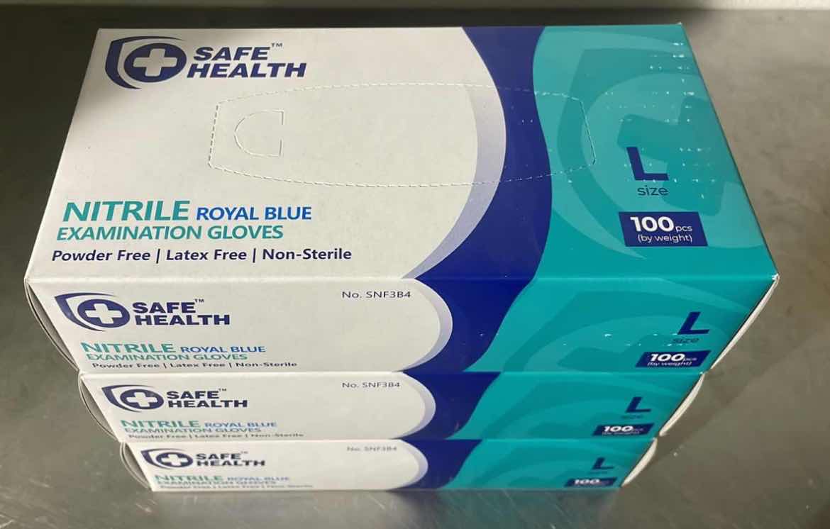 Photo 1 of SAFE HEALTH NITRILE EXAM DISPOSABLE GLOVES, LATEX FREE, POWDER FREE, BLUE, BOX OF 100, LARGE, TEXTURED, 3.5 MIL, MEDICAL GRADE, FOOD, TATTOO, NURSING, CLEANING, SCHOOL (3 BOXES)