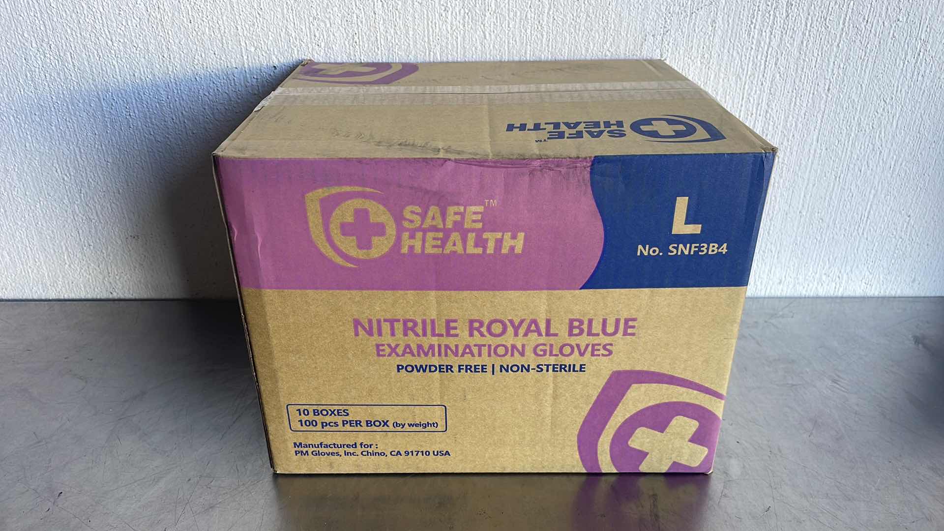 Photo 1 of SAFE HEALTH NITRILE EXAM DISPOSABLE GLOVES, LATEX FREE, POWDER FREE, BLUE, BOX OF 100, LARGE, TEXTURED, 3.5 MIL, MEDICAL GRADE, FOOD, TATTOO, NURSING, CLEANING, SCHOOL