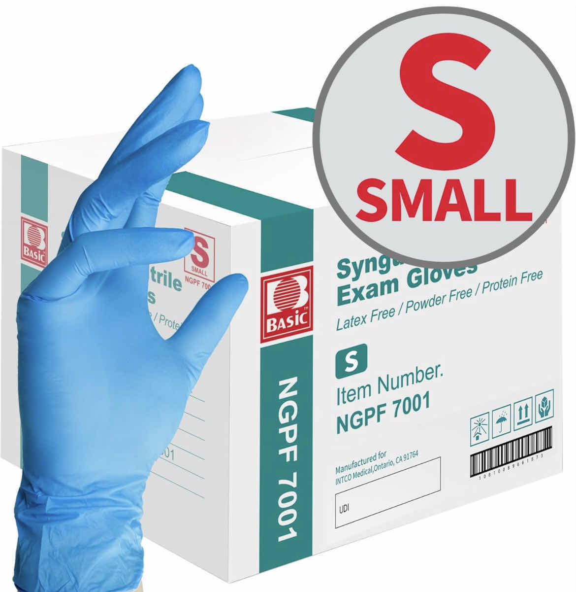 Photo 1 of BASIC MEDICAL BLUE NITRILE EXAM GLOVES - LATEX-FREE & POWDER-FREE - NGPF-7001(CASE OF 1,000), SMALL