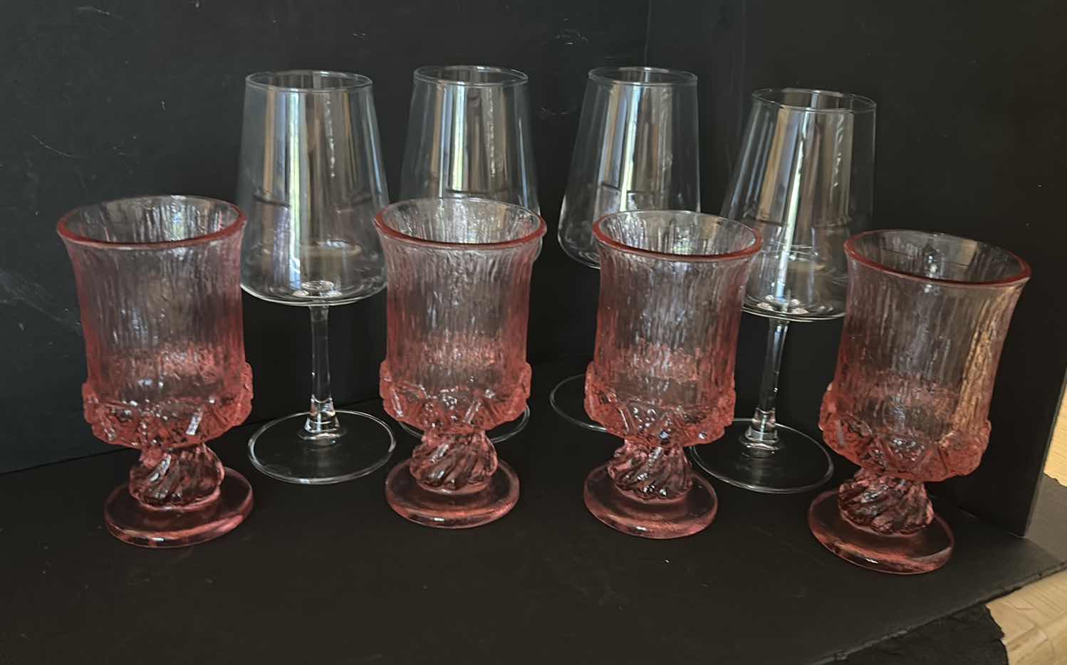 Photo 4 of 4 ELEGANT SLIM WINE GLASSES AND 4 HEAVY PRESSED PINK GLASS GOBLETS