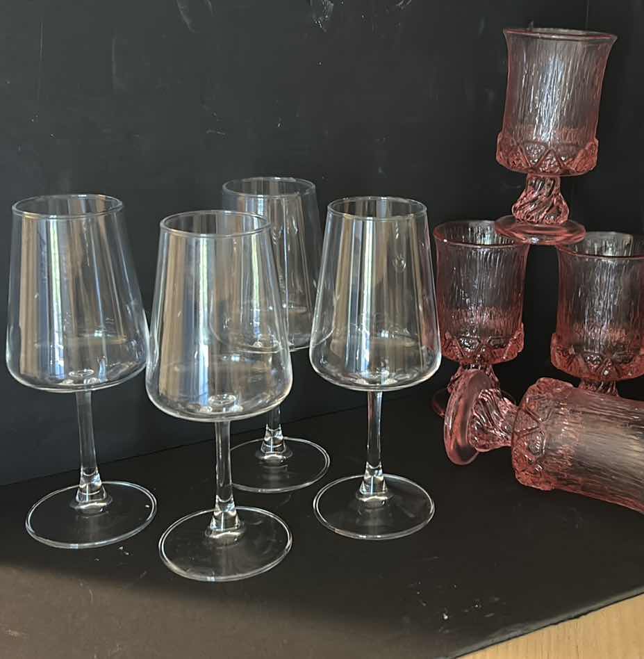 Photo 5 of 4 ELEGANT SLIM WINE GLASSES AND 4 HEAVY PRESSED PINK GLASS GOBLETS