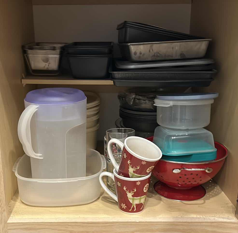 Photo 1 of CONTENTS OF CABINET NEXT TO FRIDGE IN KITCHEN - BAKING ITEMS, TUPPERWARE AND MORE