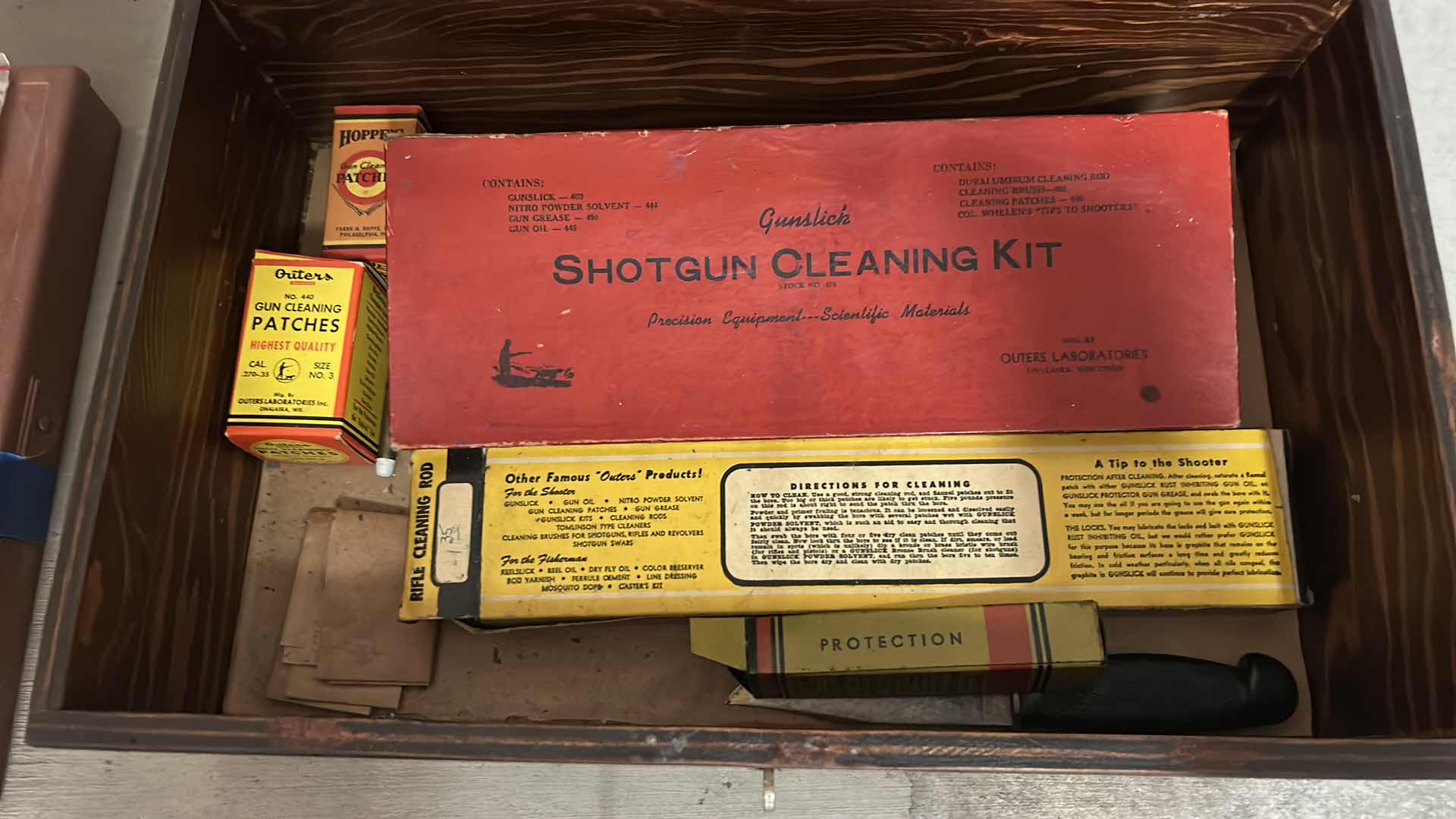 Photo 2 of OLD WOOD BOX WITH SHOTGUN CLEANING SUPPLIES