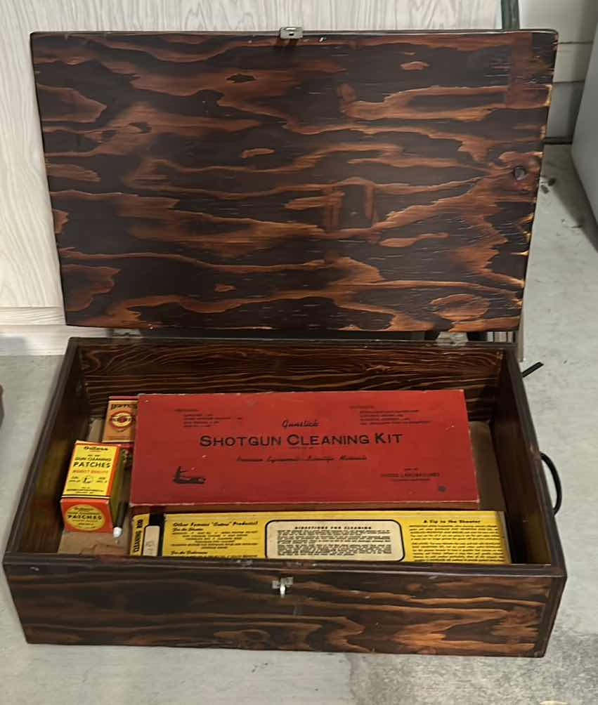 Photo 1 of OLD WOOD BOX WITH SHOTGUN CLEANING SUPPLIES