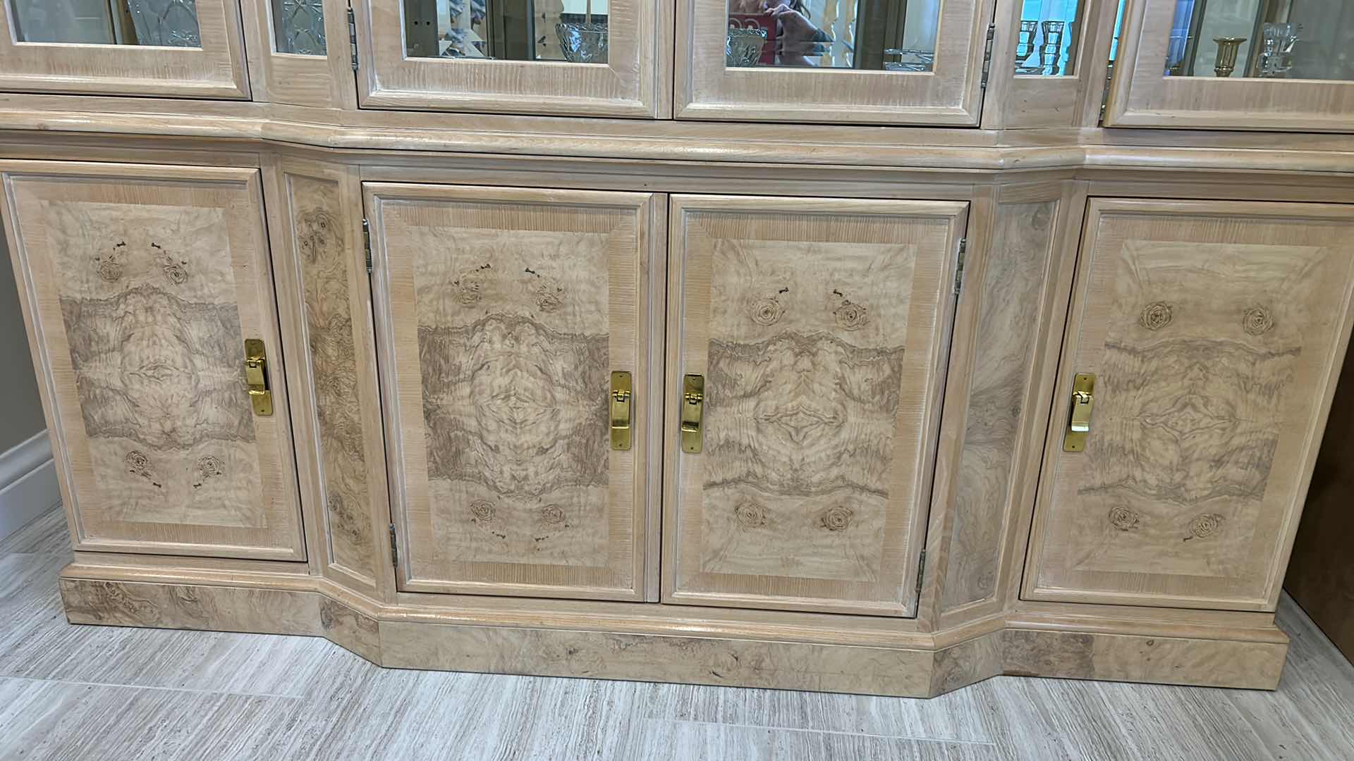 Photo 3 of LIGHTED DREXEL HERITAGE BLOND BURL WOOD CHINA HUTCH 68” x 18” x 83” (CONTENTS SOLD SEPARATELY)