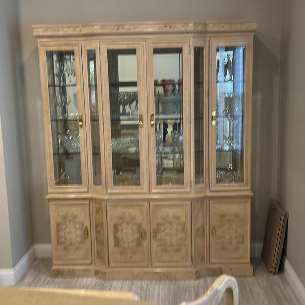 Photo 10 of LIGHTED DREXEL HERITAGE BLOND BURL WOOD CHINA HUTCH 68” x 18” x 83” (CONTENTS SOLD SEPARATELY)