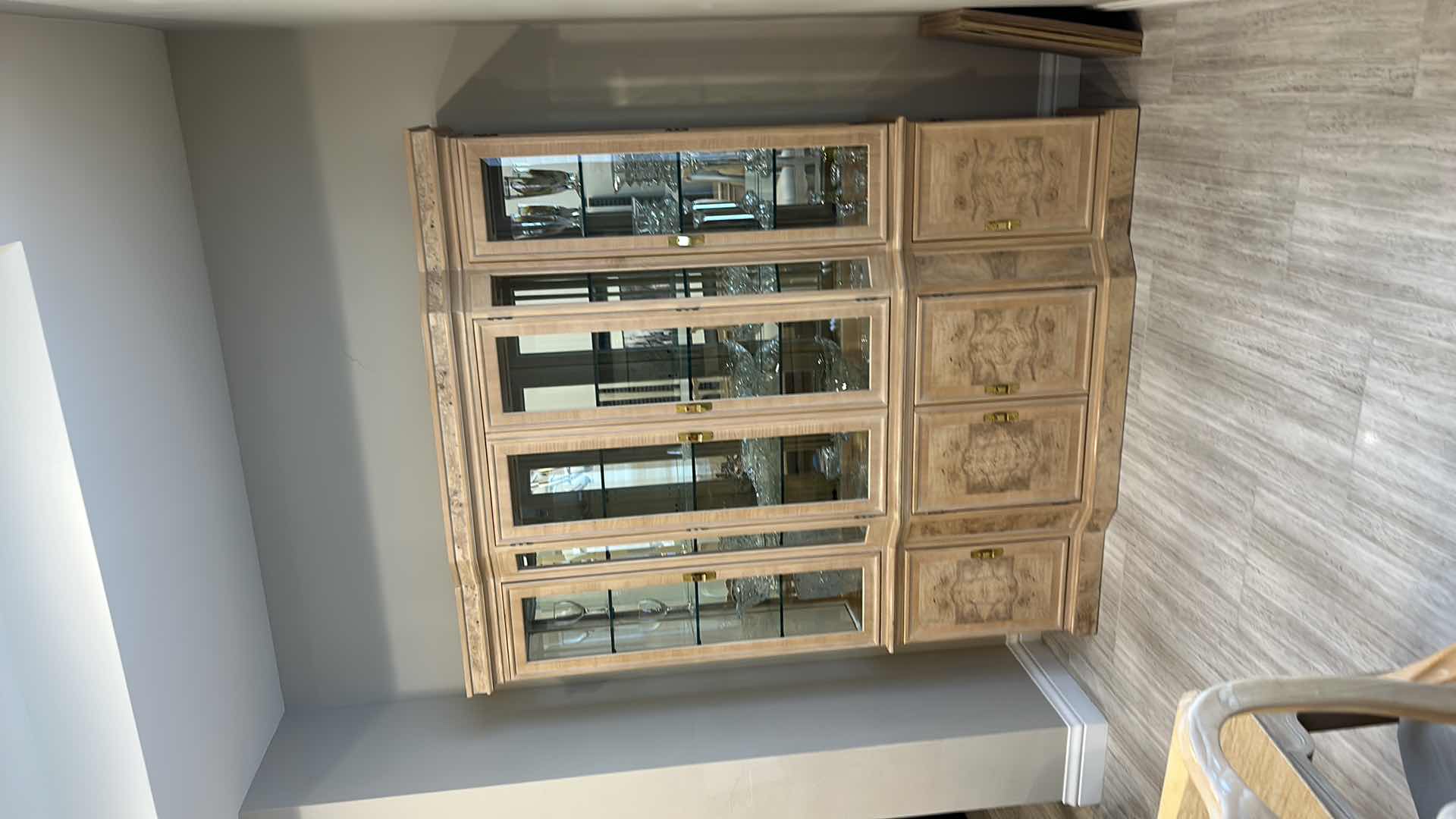 Photo 11 of LIGHTED DREXEL HERITAGE BLOND BURL WOOD CHINA HUTCH 68” x 18” x 83” (CONTENTS SOLD SEPARATELY)