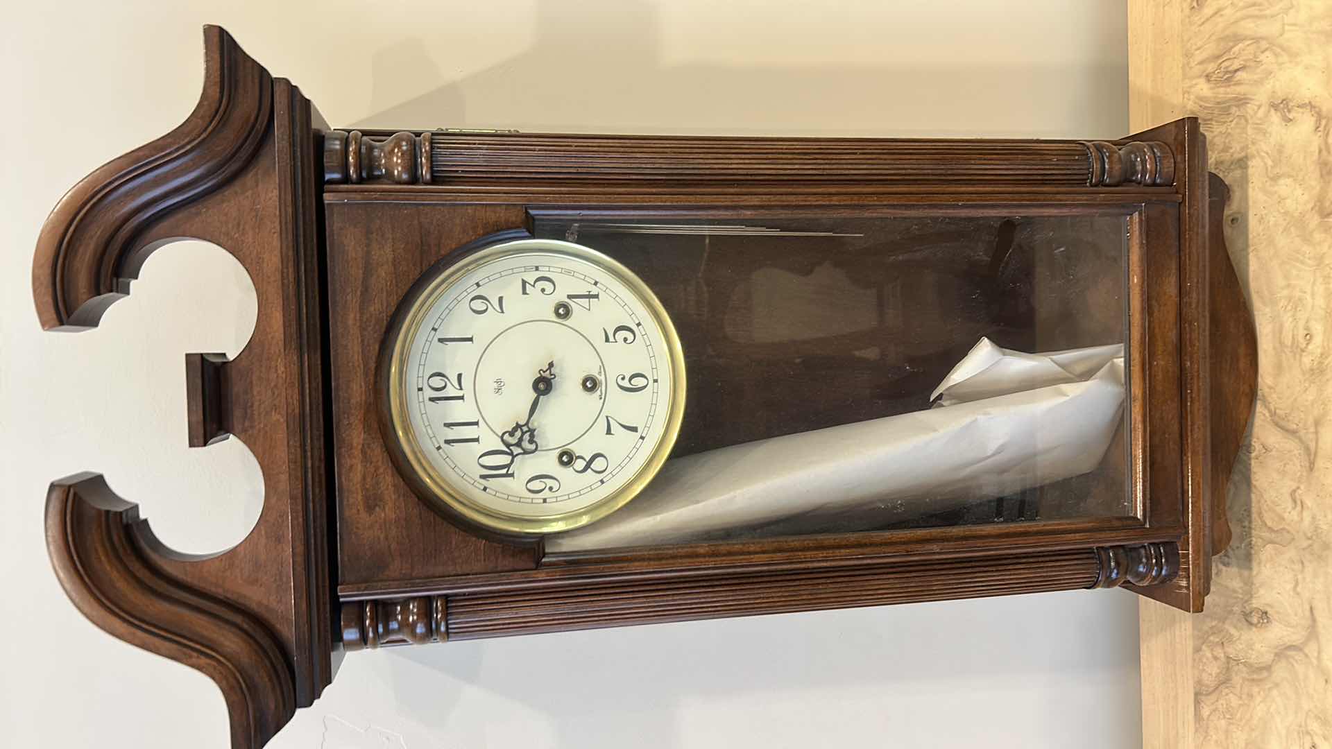 Photo 9 of SLIGH WESTMINSTER CHIME PENDULUM CLOCK (CENTER TOP PIECE WAS FOUND AND POPS RIGHT IN)
15 1/2” x 6” x 30”