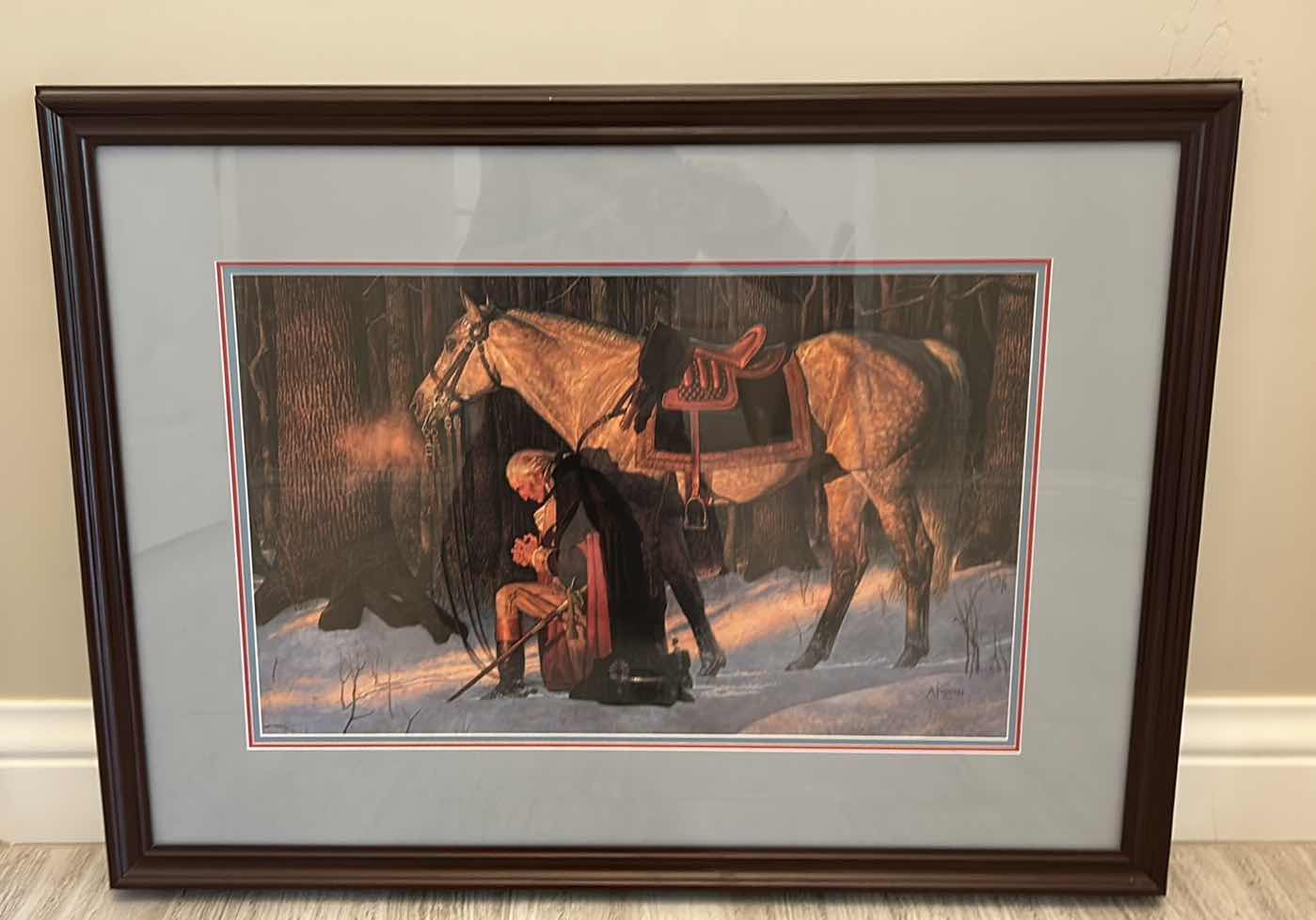 Photo 1 of GEORGE WASHINGTON KNELT AT PRAYER EITY HORSE BY A FRIBERG FRAMED ARTWORK 34” x 25 1/2”