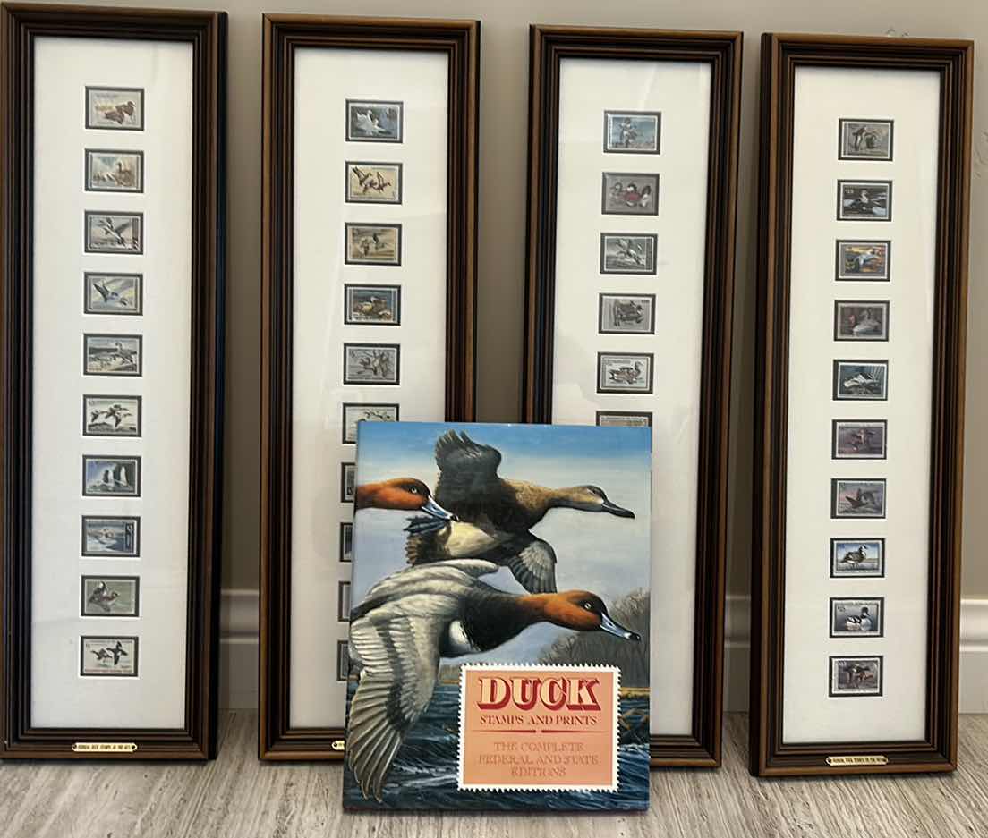 Photo 1 of 40 DUCK STAMPS, 1960’s - 1990’s and HARDCOVER DUCK STAMP COFFEE TABLE BOOK, FRAMED BY DECADE ARTWORK 9“ x 29 1/2“