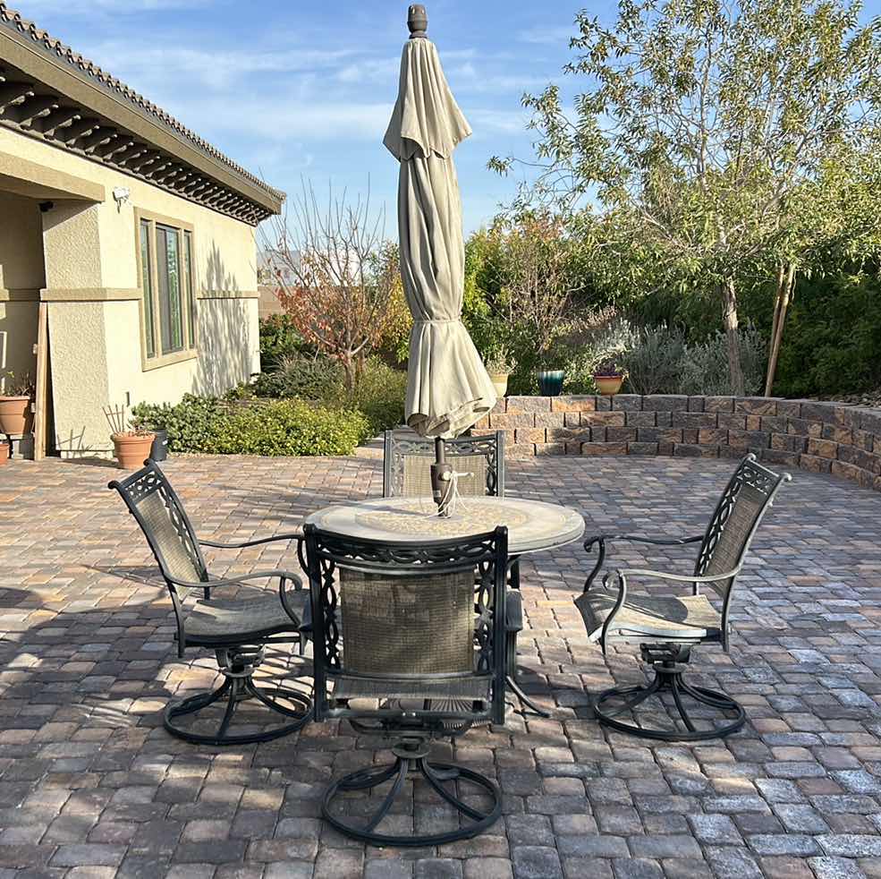 Photo 1 of OUTDOOR 42” ROUND PATIO TABLE WITH 4 SWIVEL ROCKING CHAIRS (UMBRELLA IS BROKEN)