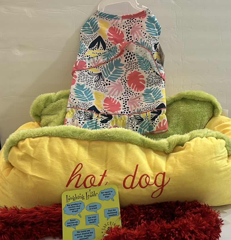 Photo 1 of NEW SMALL DOG ASSORTMENT- ALPHA PAW “HOT DOG BED”, LAUGHING LEASH AND DRESS