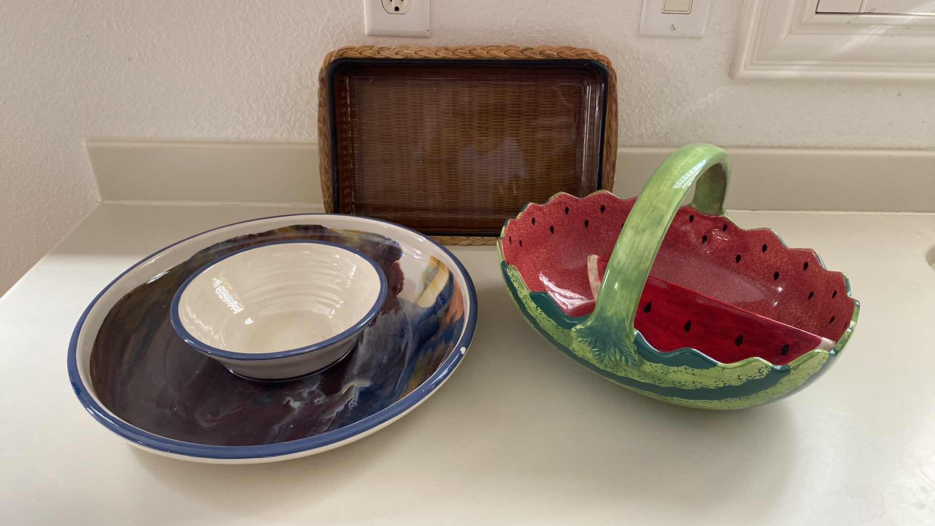 Photo 1 of CONTENTS OF KITCHEN CABINET CHIP & DIP (has a small chip),  WATERMELON BOWL AND MORE