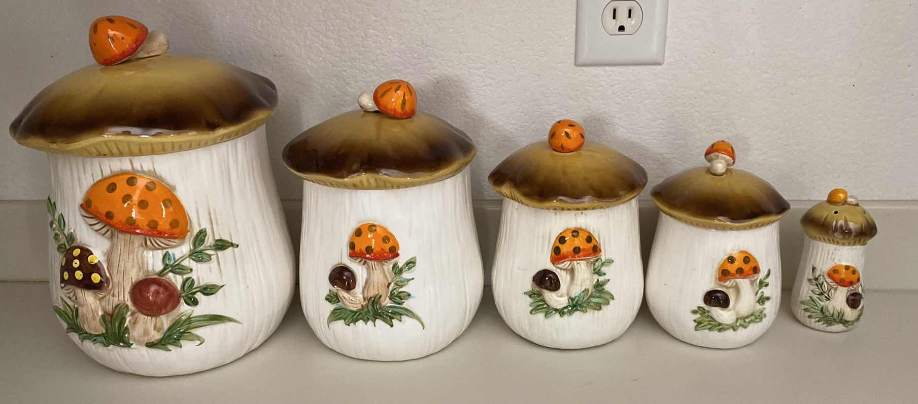 Photo 1 of VINTAGE 1996 CERAMIC MUSHROOM CANISTERS FROM SEARS MADE IN JAPAN