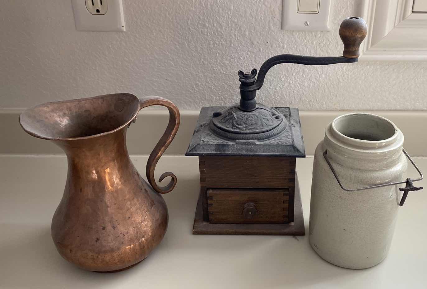 Photo 1 of ANTIQUE COPPER PITCHER, COFFEE GRINDER AND VINTAGE JAR