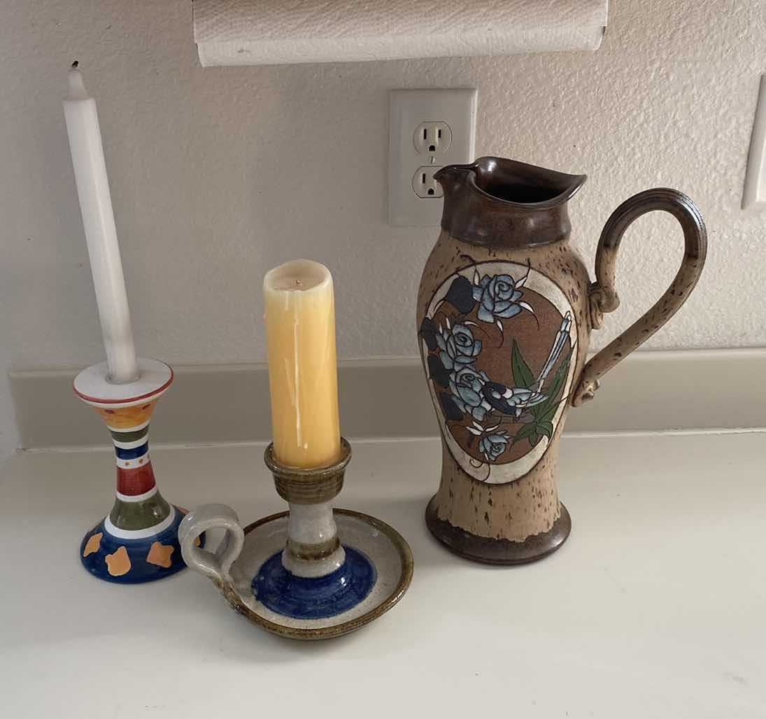 Photo 1 of POTTERY PITCHER H 12” AND CANDLE STICKS