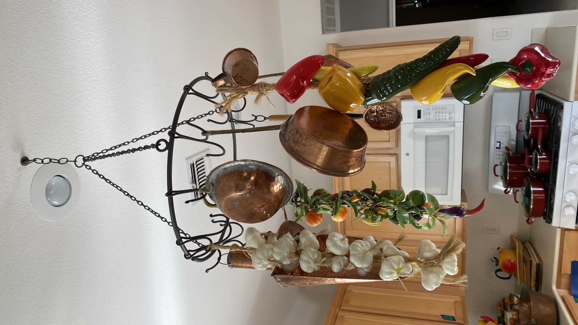 Photo 1 of HANGING POT RACK WITH COPPER POTS AND FAUX FOOD