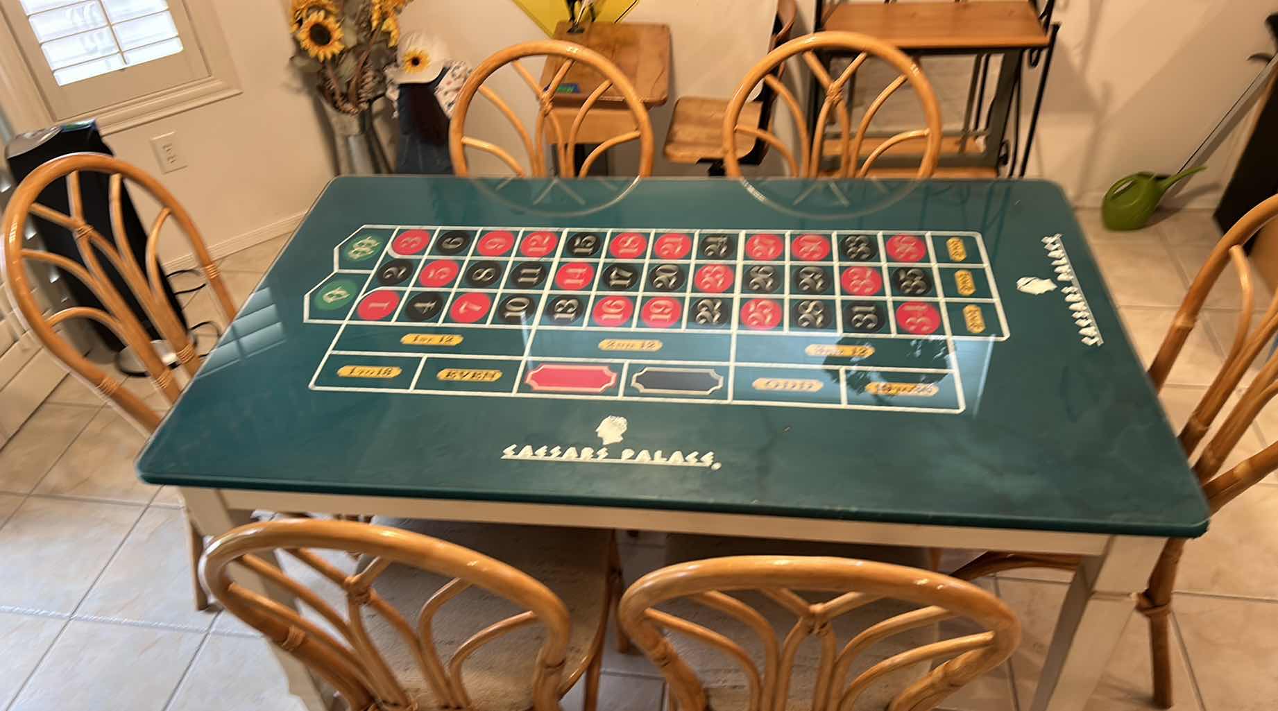 Photo 1 of ONE OF A KIND CUSTOM DINING ROOM TABLE, MADE FROM FELT CAESARS PALACE ROULETTE 59” x 35.5” AND 6 CHAIRS