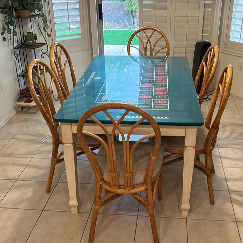 Photo 2 of ONE OF A KIND CUSTOM DINING ROOM TABLE, MADE FROM FELT CAESARS PALACE ROULETTE 59” x 35.5” AND 6 CHAIRS