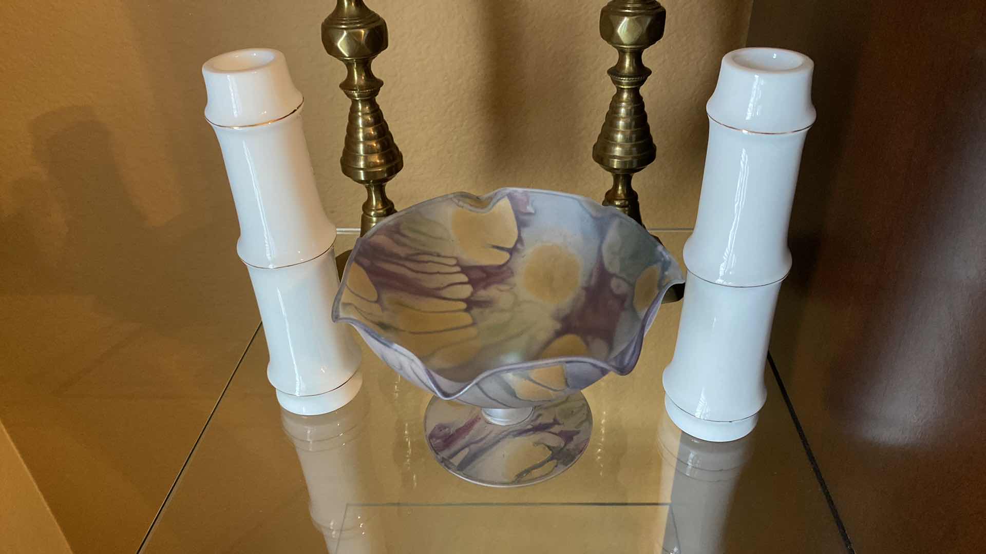 Photo 2 of ART GLASS BOWL ISRAEL 6” x 4” AND CANDLESTICKS