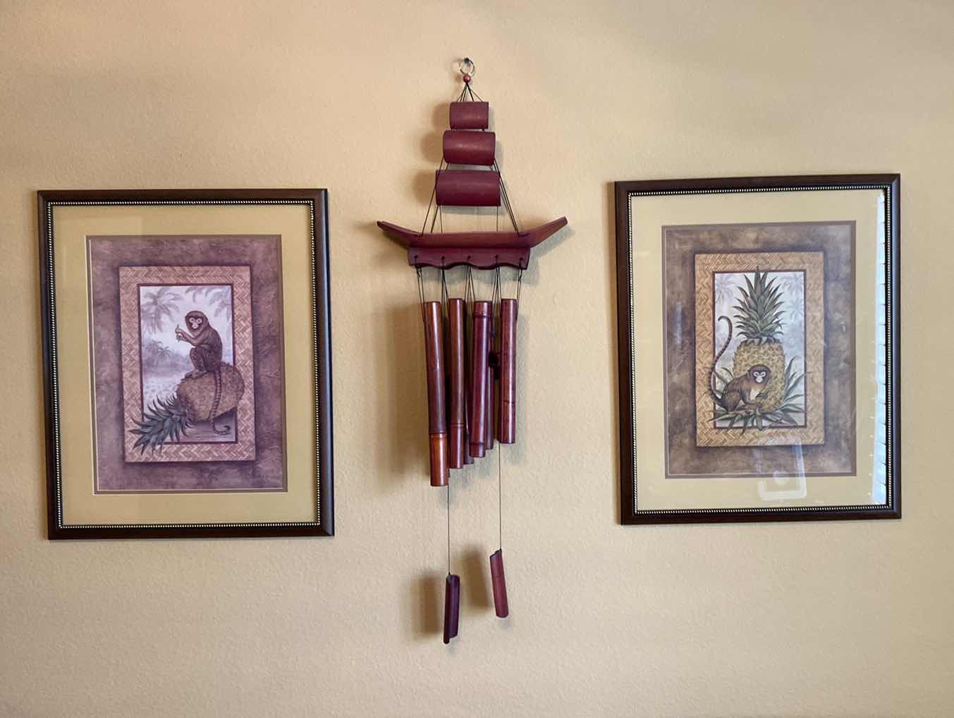Photo 1 of PAIR OF TROPICAL ARTWORK 17 1/2” x 21 1/2” AND WOOD WIND CHIME