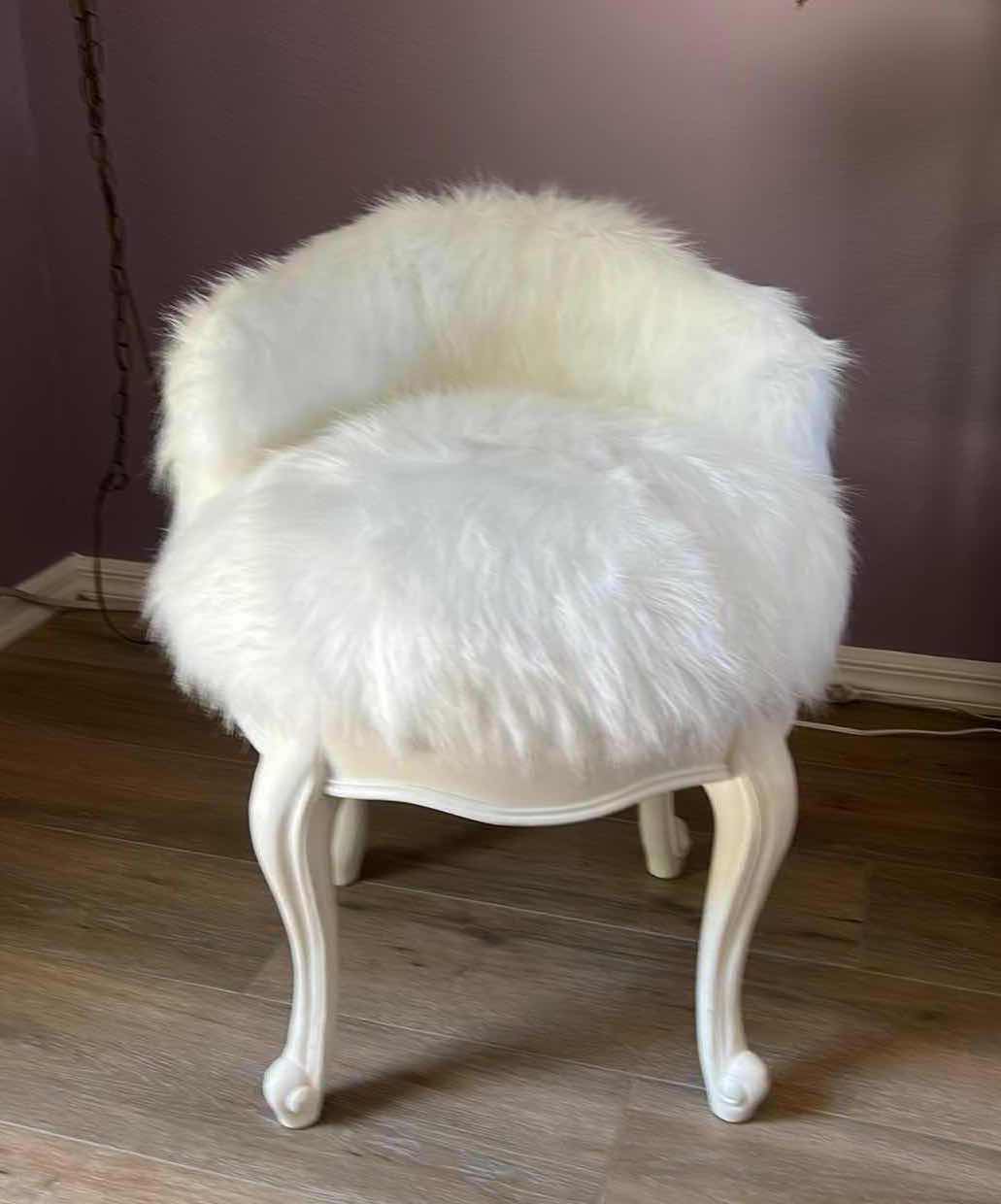 Photo 1 of WHITE WOOD WITH FLUFFY FABRIC VANITY CHAIR, SPINS