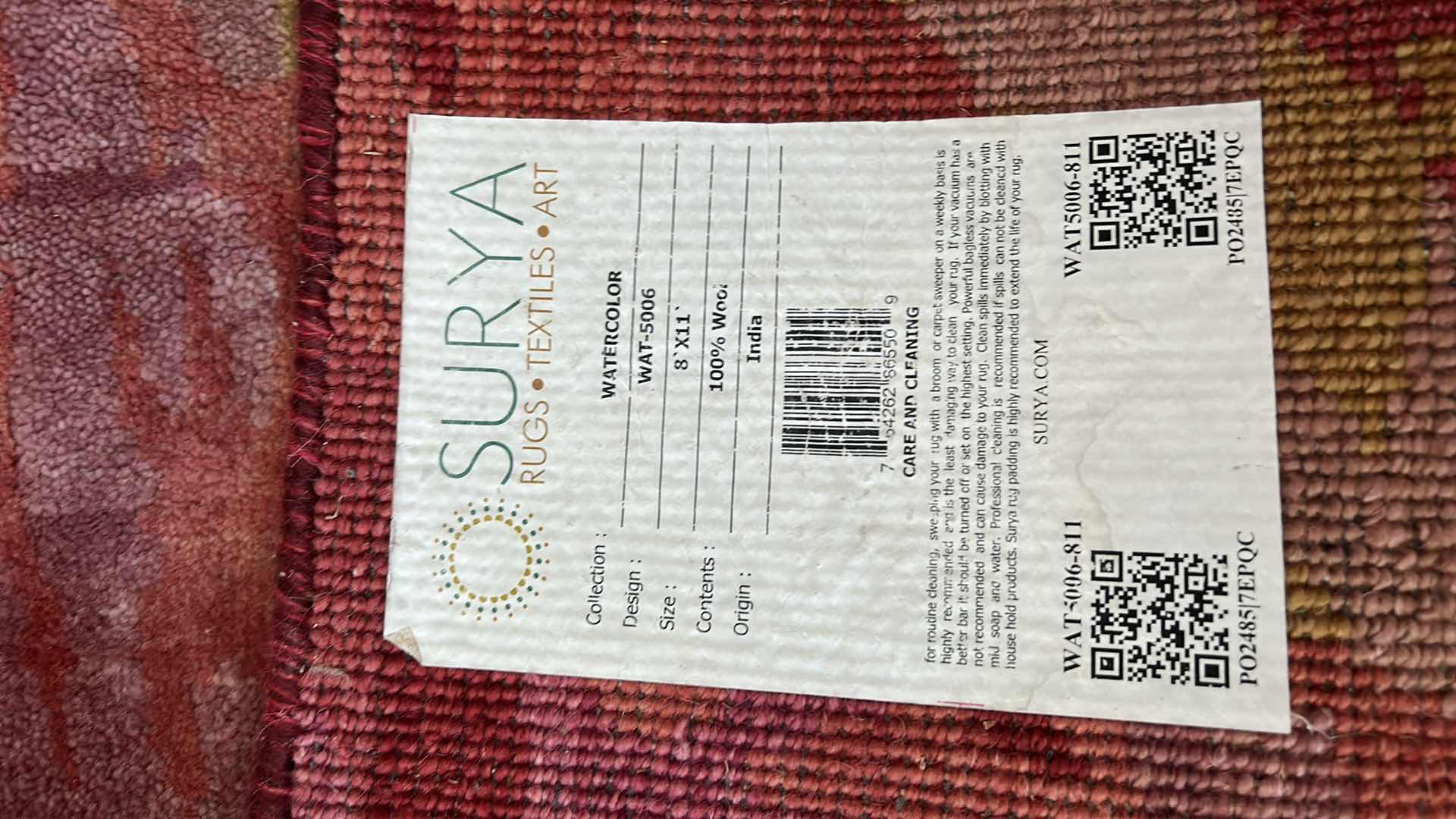 Photo 6 of SURYA 100% WOOL AREA RUG - WATERCOLOR 8” x 11 WITH PADDING