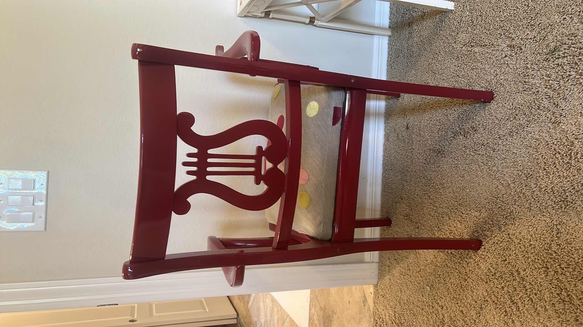 Photo 5 of GLOSSY RED PAINTED WOOD CHAIR WITH POLKA DOT FABRIC 23 1/2“ x 21 1/2“ x 34”