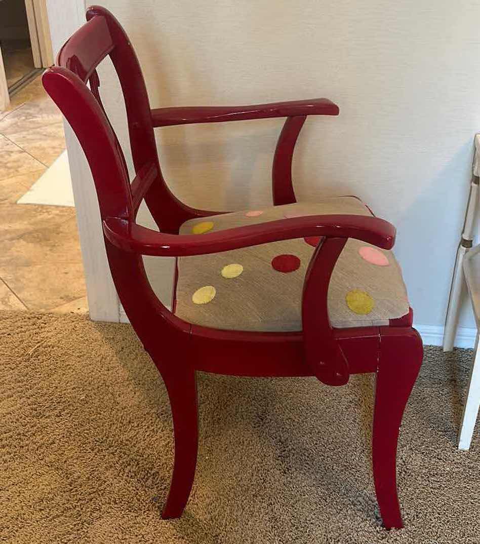 Photo 4 of GLOSSY RED PAINTED WOOD CHAIR WITH POLKA DOT FABRIC 23 1/2“ x 21 1/2“ x 34”