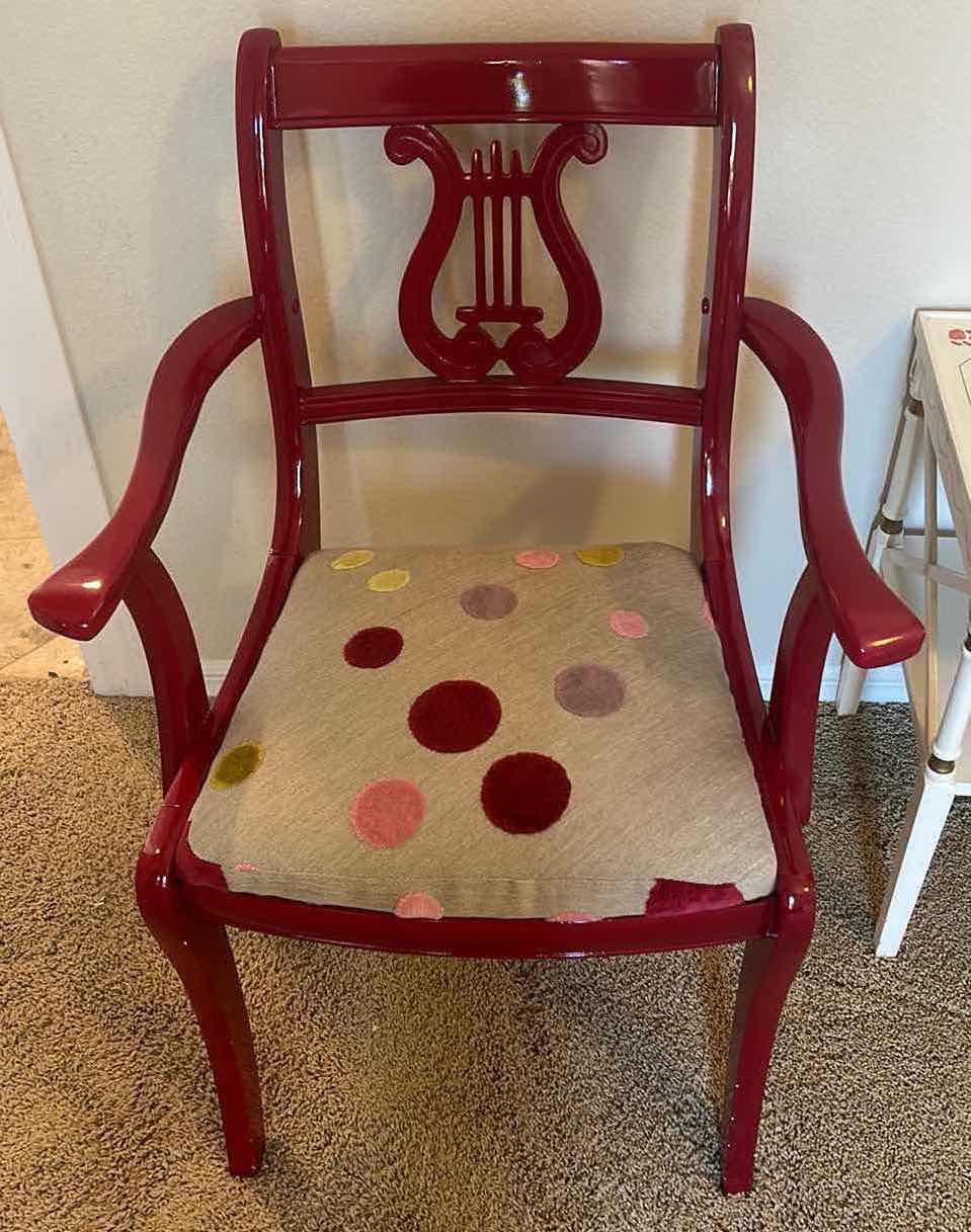 Photo 1 of GLOSSY RED PAINTED WOOD CHAIR WITH POLKA DOT FABRIC 23 1/2“ x 21 1/2“ x 34”