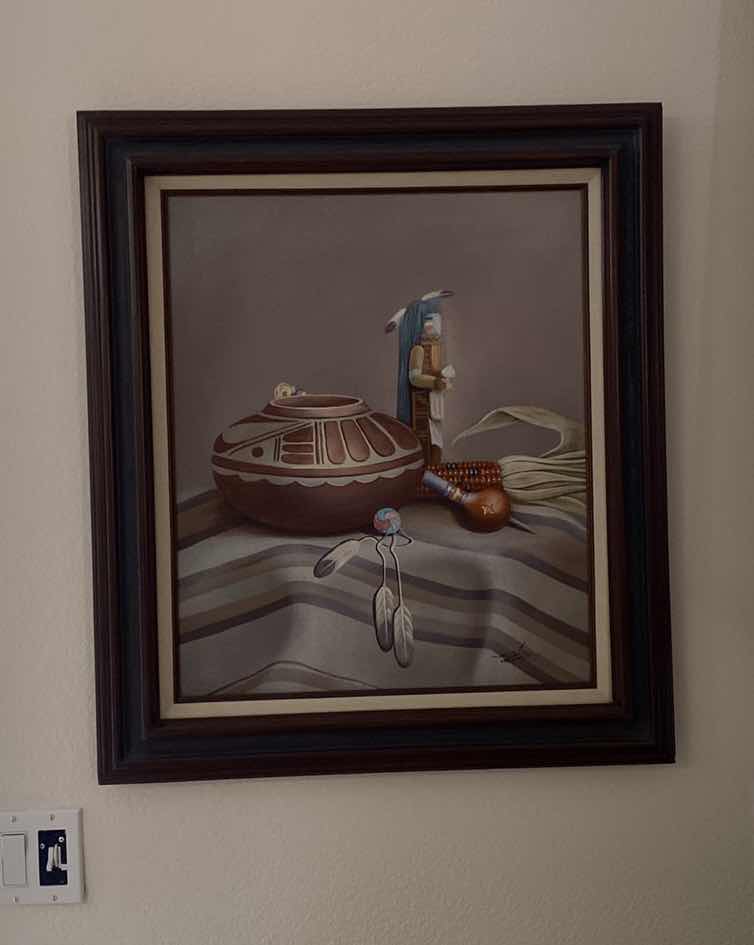 Photo 1 of FRAMED NATIVE AMERICAN STILL LIFE OIL ON CANVAS SIGNED ARTWORK 27” x 31”