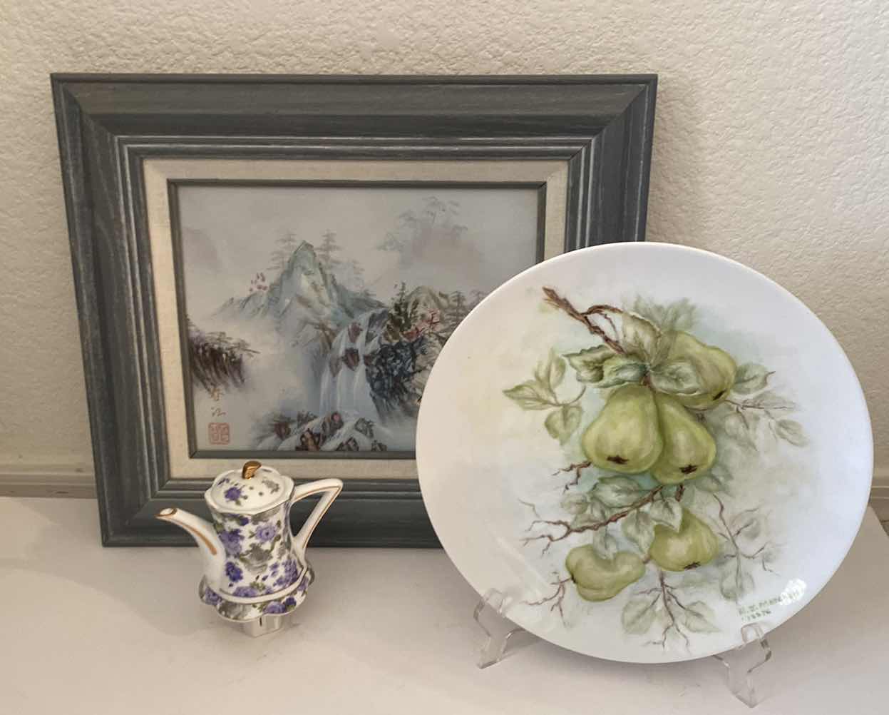 Photo 1 of FRAMED OIL ON CANVAS ARTWORK 15” x 13” , CHINA FLORAL TEAPOT, PEAR PLATE ON STAND