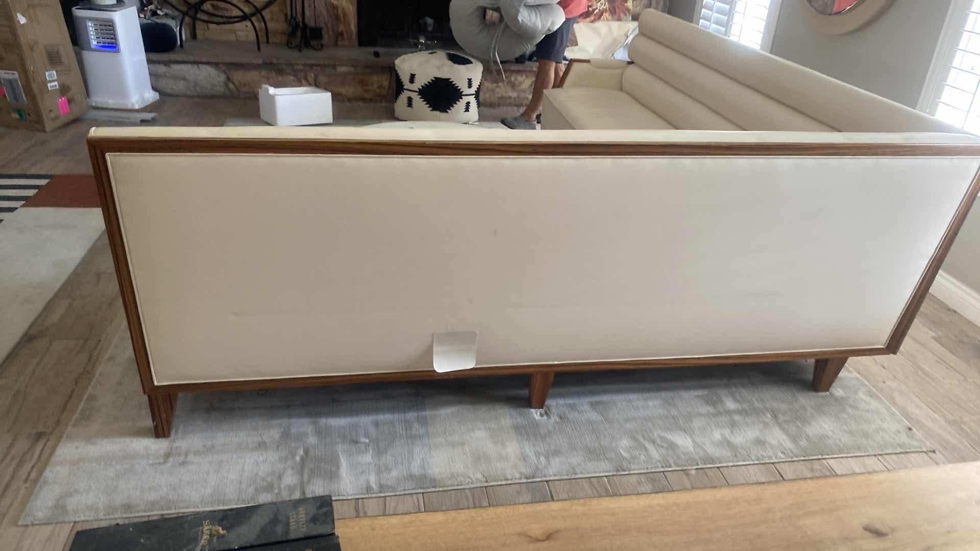 Photo 3 of CREAM BONDED LEATHER 2 PIECE SECTIONAL WITH WOOD TRIM 8’10” x 7’ 11” H36 1/2”