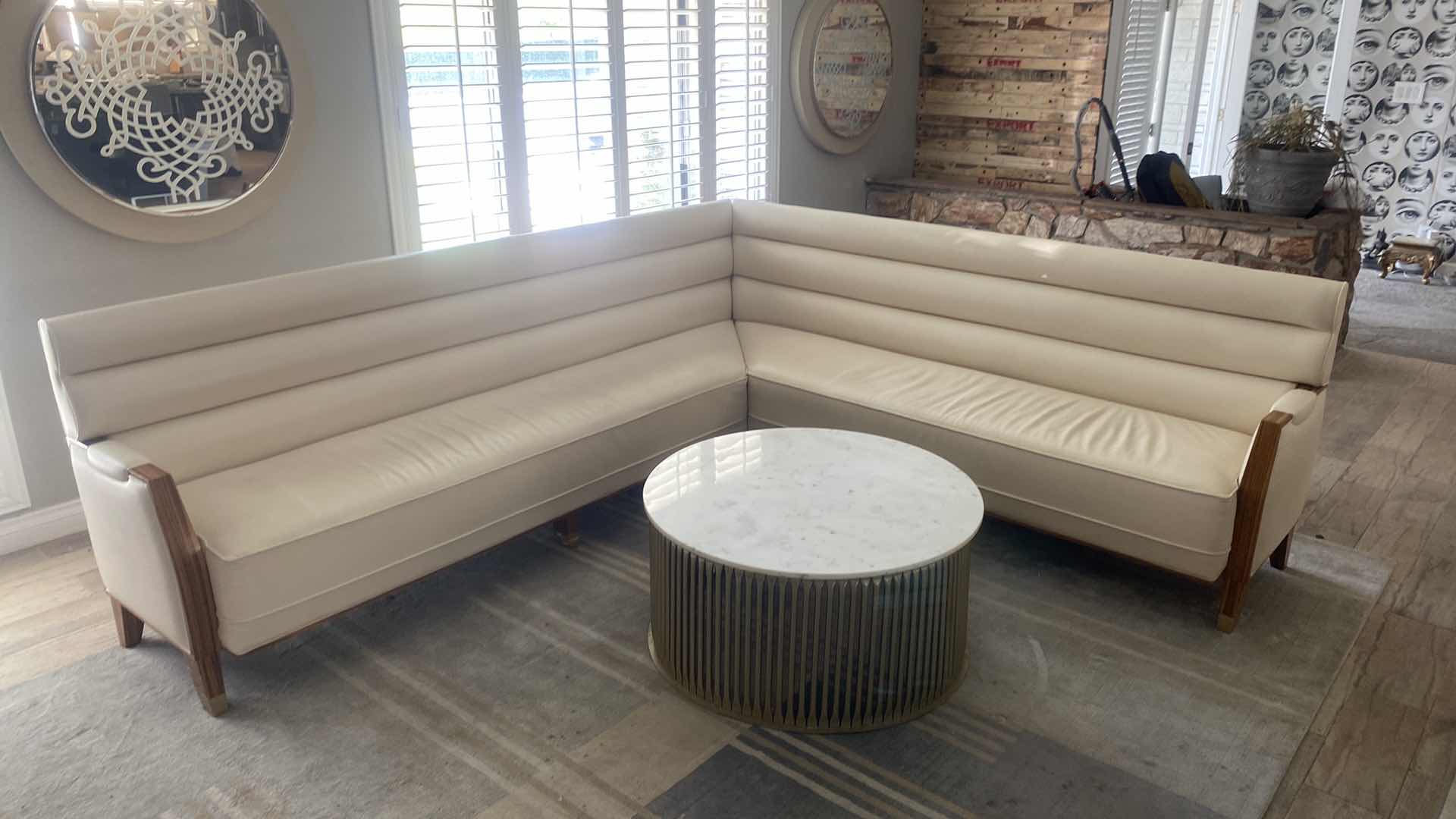 Photo 2 of CREAM BONDED LEATHER 2 PIECE SECTIONAL WITH WOOD TRIM 8’10” x 7’ 11” H36 1/2”