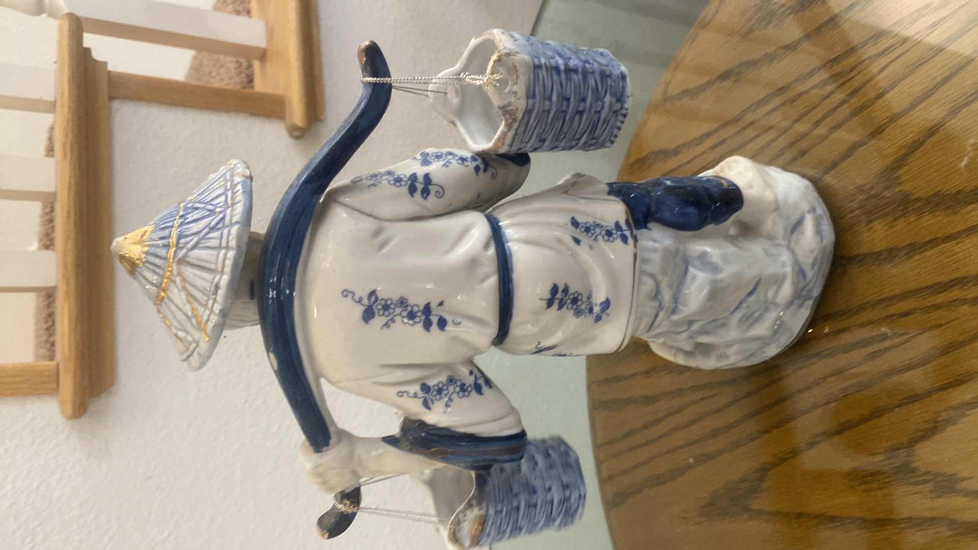 Photo 1 of BLUE & WHITE PORCELAIN W GOLD GILT CHINESE MAN WITH WATER BUCKETS H13”