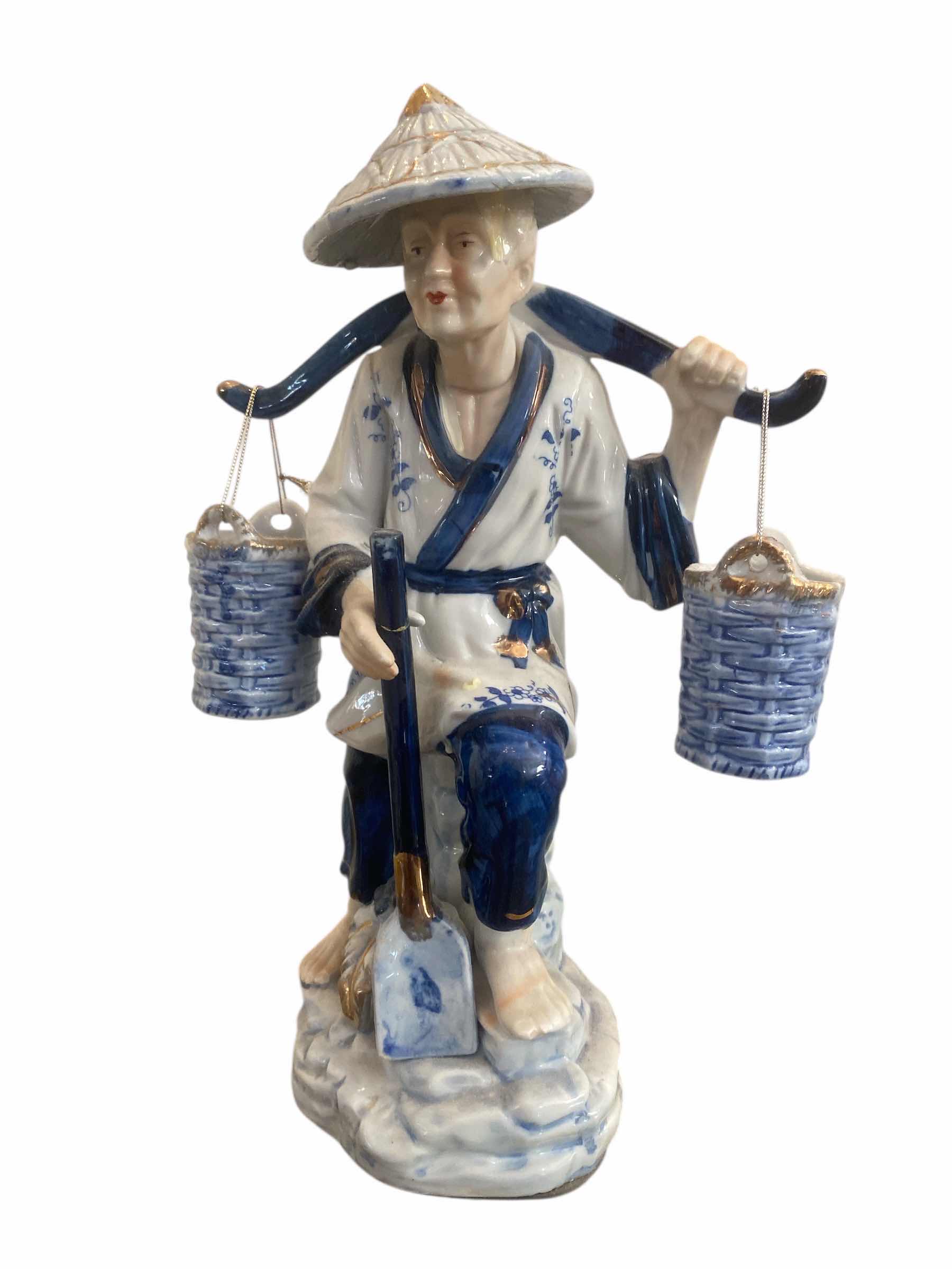Photo 1 of BLUE & WHITE PORCELAIN W GOLD GILT CHINESE MAN WITH WATER BUCKETS H13”