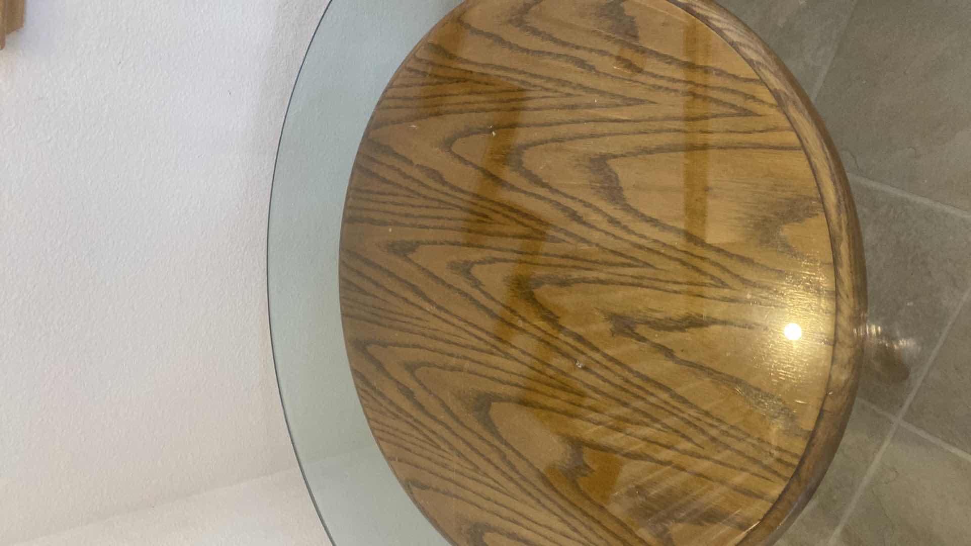 Photo 1 of 36” ROUND OAK PEDESTAL TABLE WITH GLASS TOP H26”