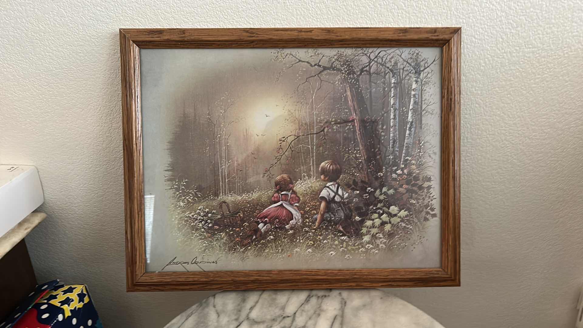Photo 1 of VINTAGE FRAMED PRINT  "KIDS IN THE WOODS” BY ANDRES ORPINAS Kids in the Woods" ARTWORK 17.25” x H13.5”