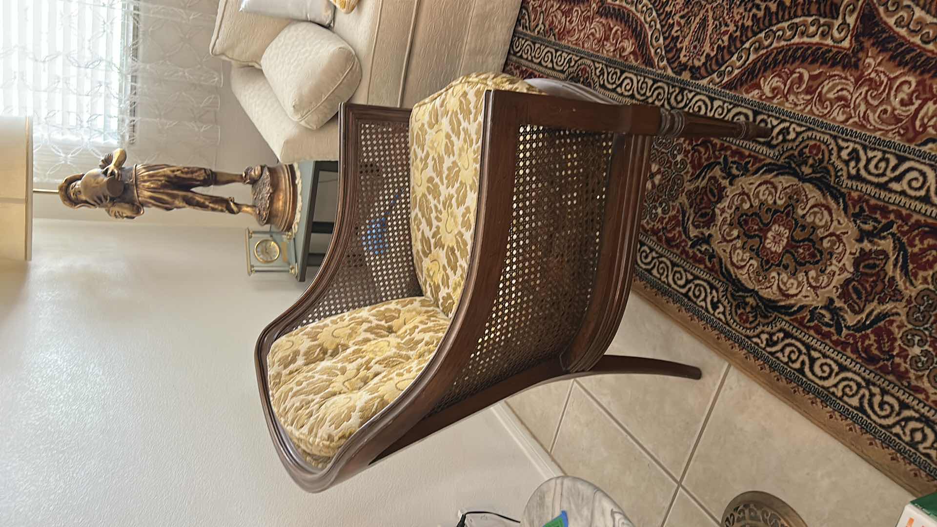 Photo 1 of VINTAGE CANED BARREL BACK ACCENT CHAIR WITH ORIGINAL UPHOLSTERY 27”  x 30” x H32”
