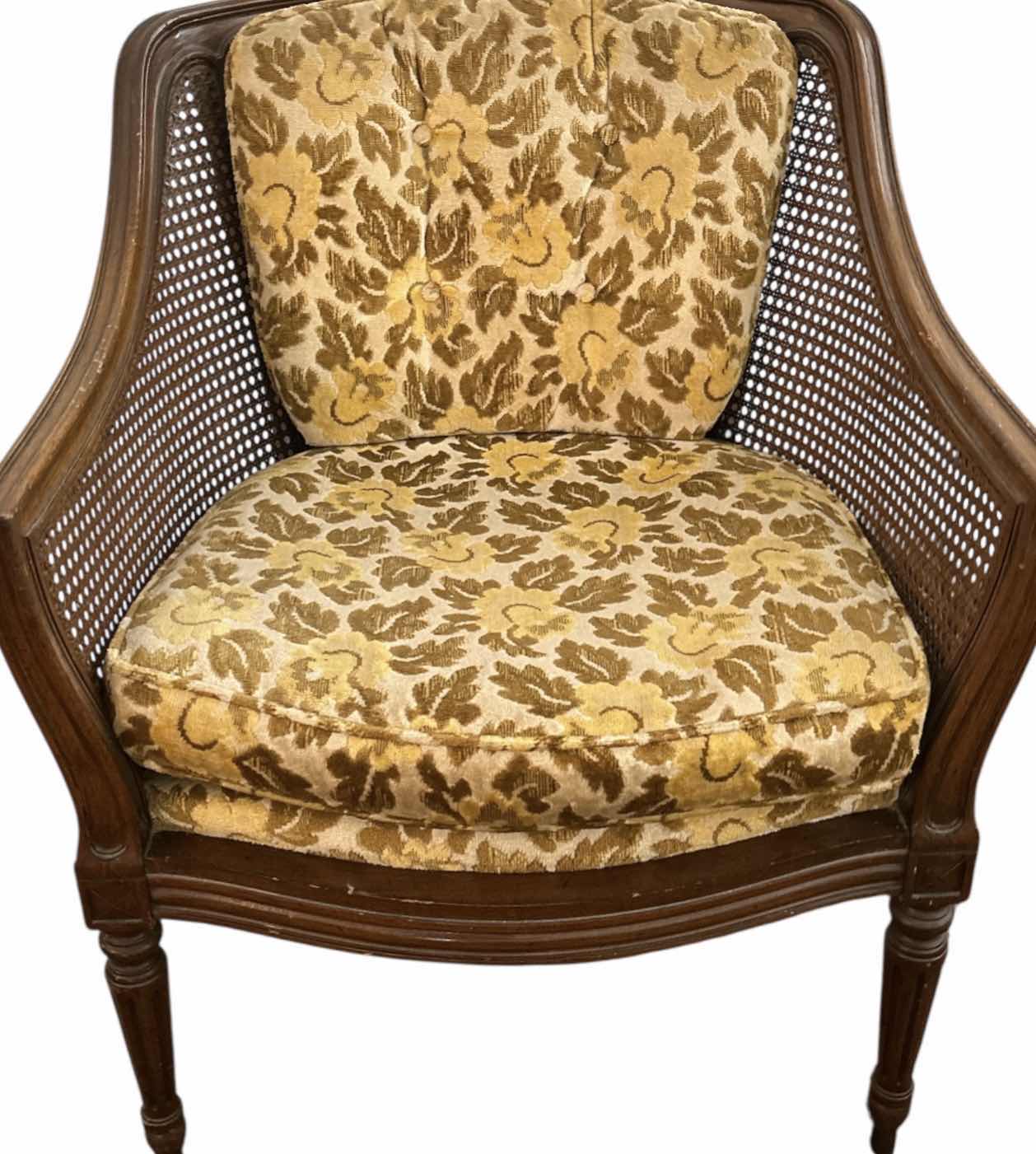 Photo 1 of VINTAGE CANED BARREL BACK ACCENT CHAIR WITH ORIGINAL UPHOLSTERY 27”  x 30” x H32”
